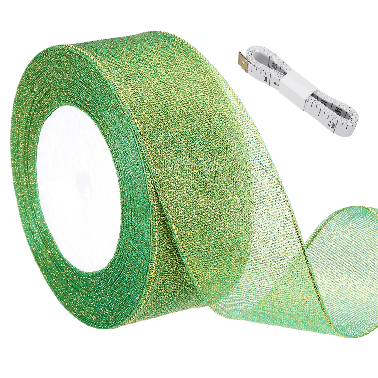 sourcing map Green Glitter Ribbon (22 Meters, 4cm Wide) with Gold Thread Sparkly Metallic Fabric Ribbon - Sparkly Practical, for Gift Wrapping Balloons Craft DIY Decor Holiday
