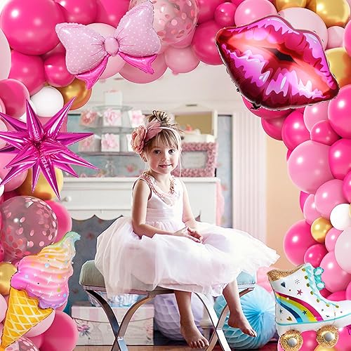 Miniatura 6 de Kit de guirnalda de arco de globos rosa princesa, 144 piezas, decoración de fiesta de princesa rosa intenso, blanco, dorado, con lazo, helado,
