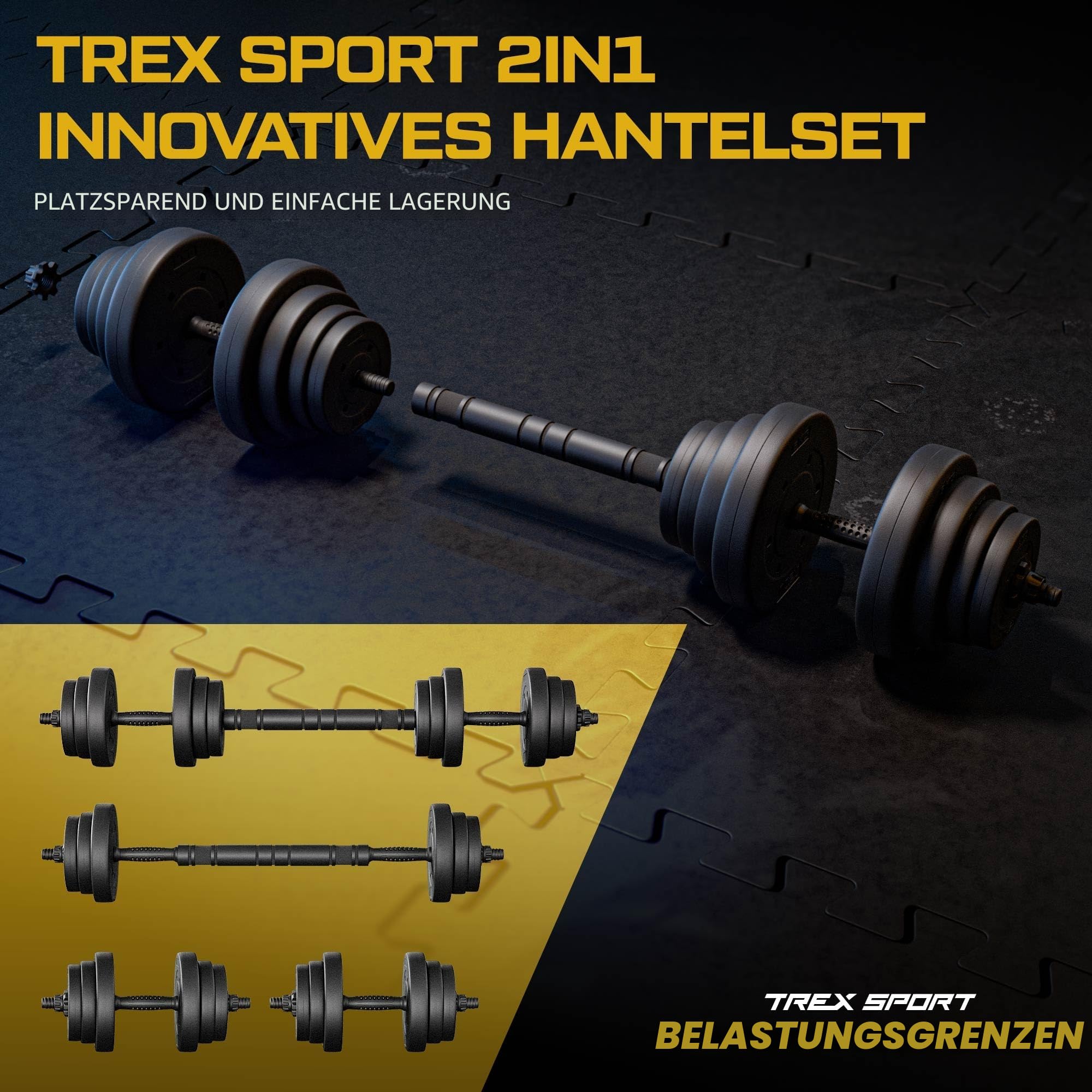 TREX SPORT Hanteln 2er Set Kurzhanteln & Langhantel | 20kg 40kg Hantelset | Kurzhanteln Set, Dumbbell Hanteln Set, Kurzhantel mit Verbindungsrohr & Langhantel, rutschfeste Griffe, robust