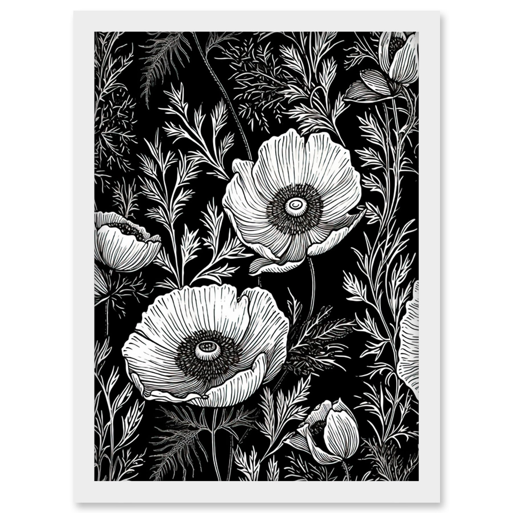 Artery8 Poppy Wild Flower Pattern Black and White Linocut Artwork Framed Wall Art Print A4