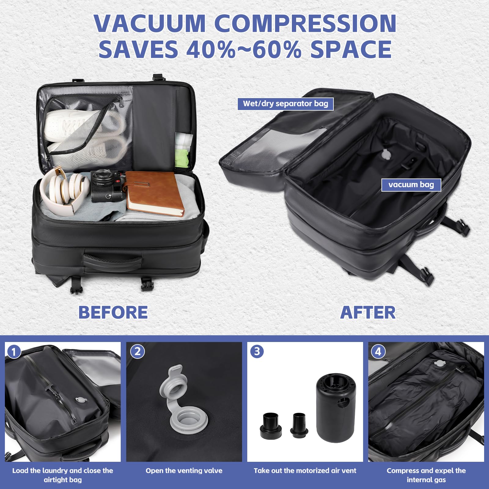 Sac à dos de voyage sous vide avec pompe, compression par airbag, extensible de 36 à 60 L, compatible avec les bagages à main, antivol TSA, pour trekking, travail, pour femmes et hommes, noir