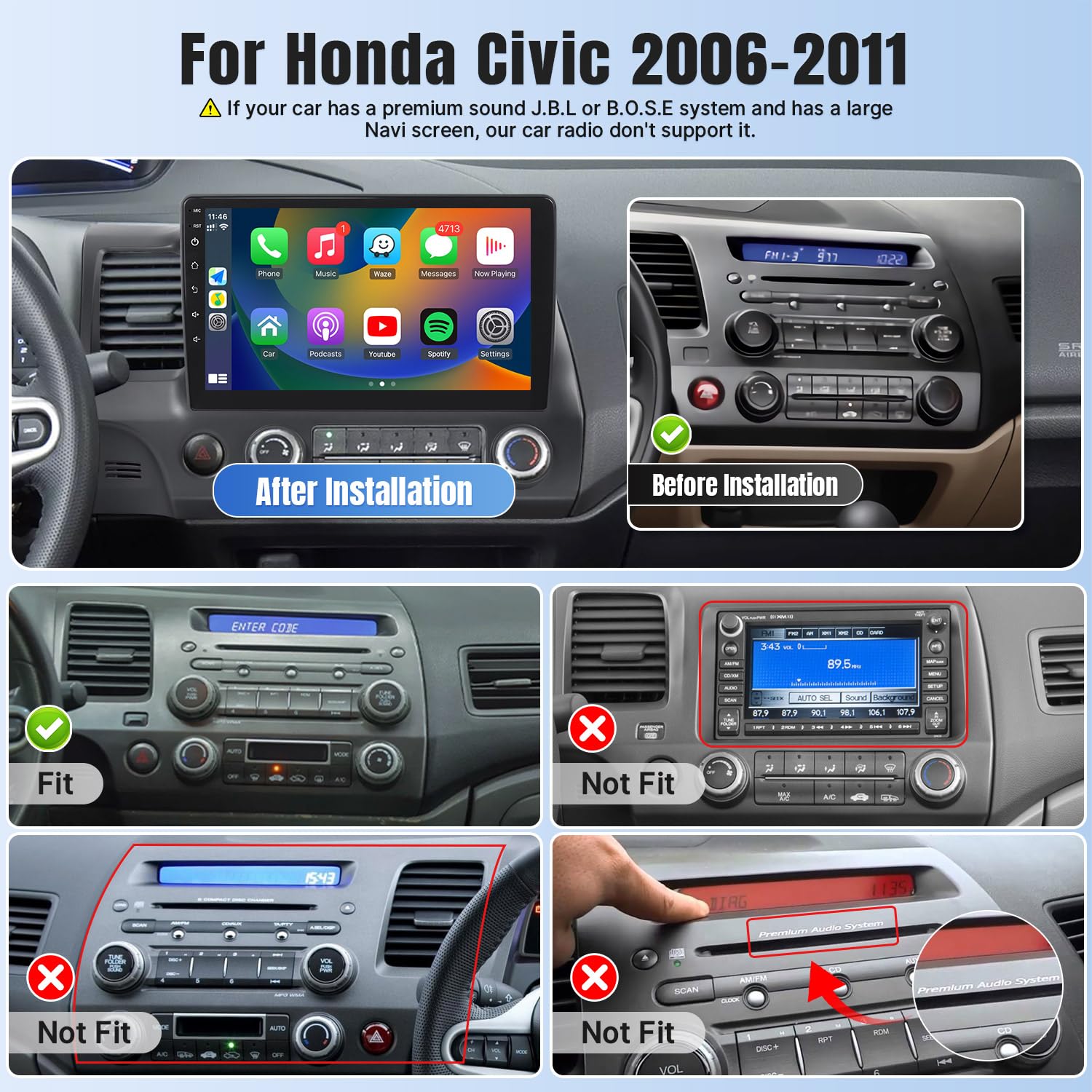 Naifay Car Radio for Honda Civic 2006 2007 2008 2009 2010 2011 with WiFi GPS Navigation 2G+32G 10.1inch Touchscreen Car Radio Wireless Carplay Android Auto Bluetooth MirrorLink Backup Camera SWC
