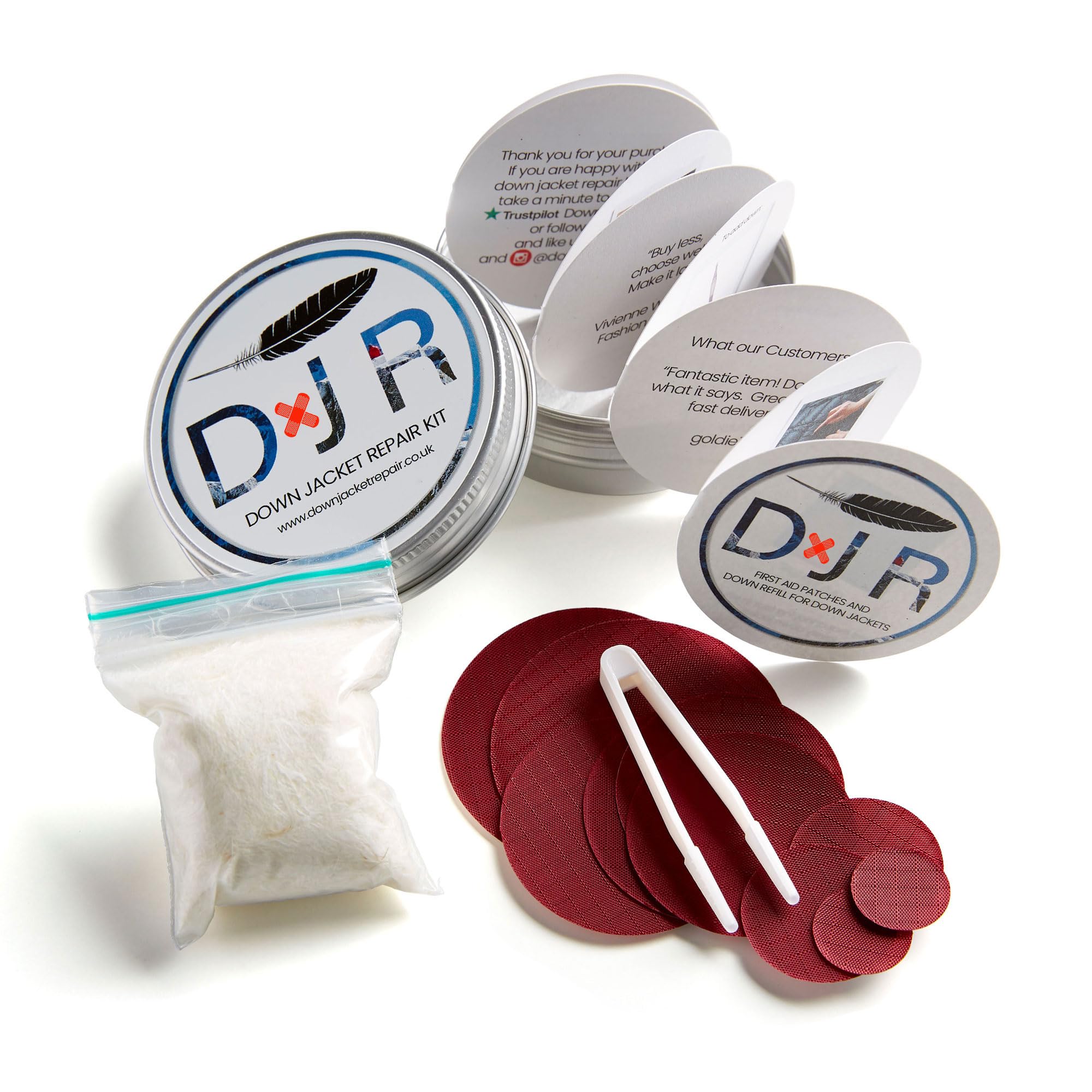DJR COMPLETE DOWN JACKET REPAIR KIT - 10 Easy to Use, Pre-Cut, Self-Adhesive, Waterproof, Tear-Resistant Patches + 1g Pure Goose Down to Fix Holes in Down Jackets, Outdoor Gear (Burgundy)