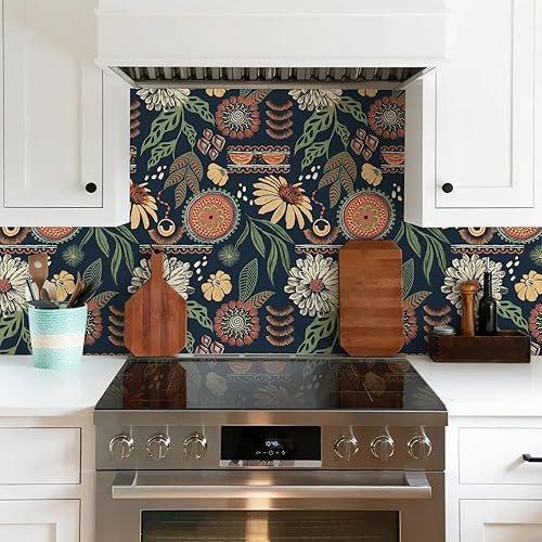 Miniatura 6 de Simon&Siff Papel tapiz bohemio para despegar y pegar, 17.3 x 120 pulgadas, diseño floral de sol, retro, extraíble, flores botánicas oscuras, mural