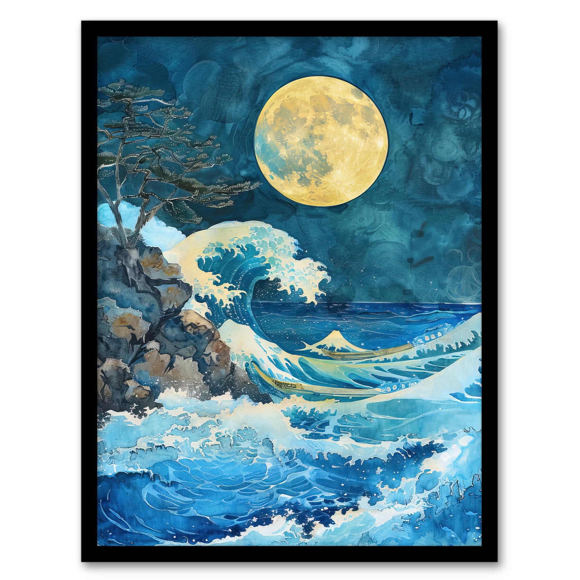 Artery8 Watercolour Framed Art Print - Great Wave Seascape - Full Moon - Blue - A4 Size