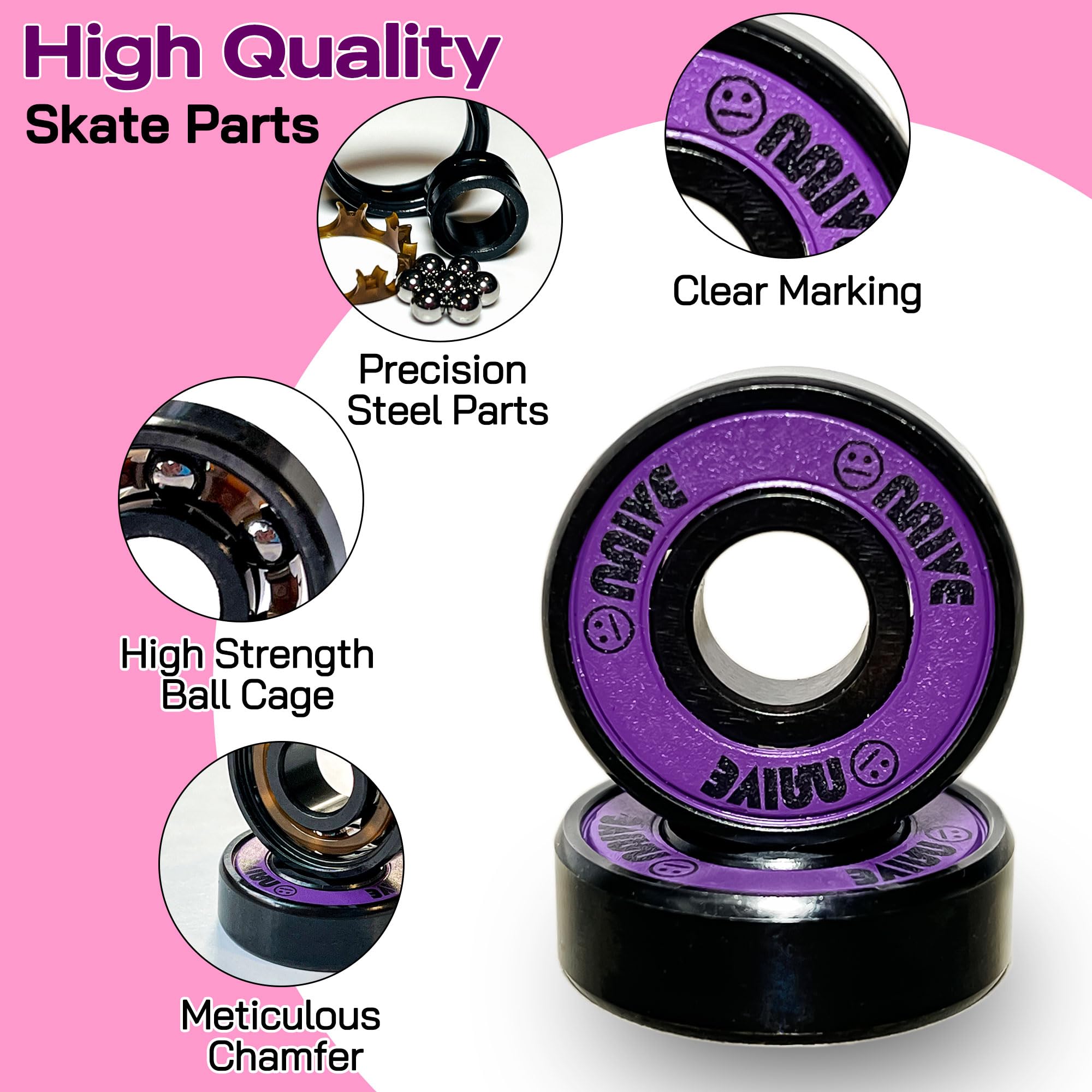 Lot de 16 roulements de 8 mm - Précision 608 - Pour quad en ligne - Roller Derby - Longboard (violet fluo)