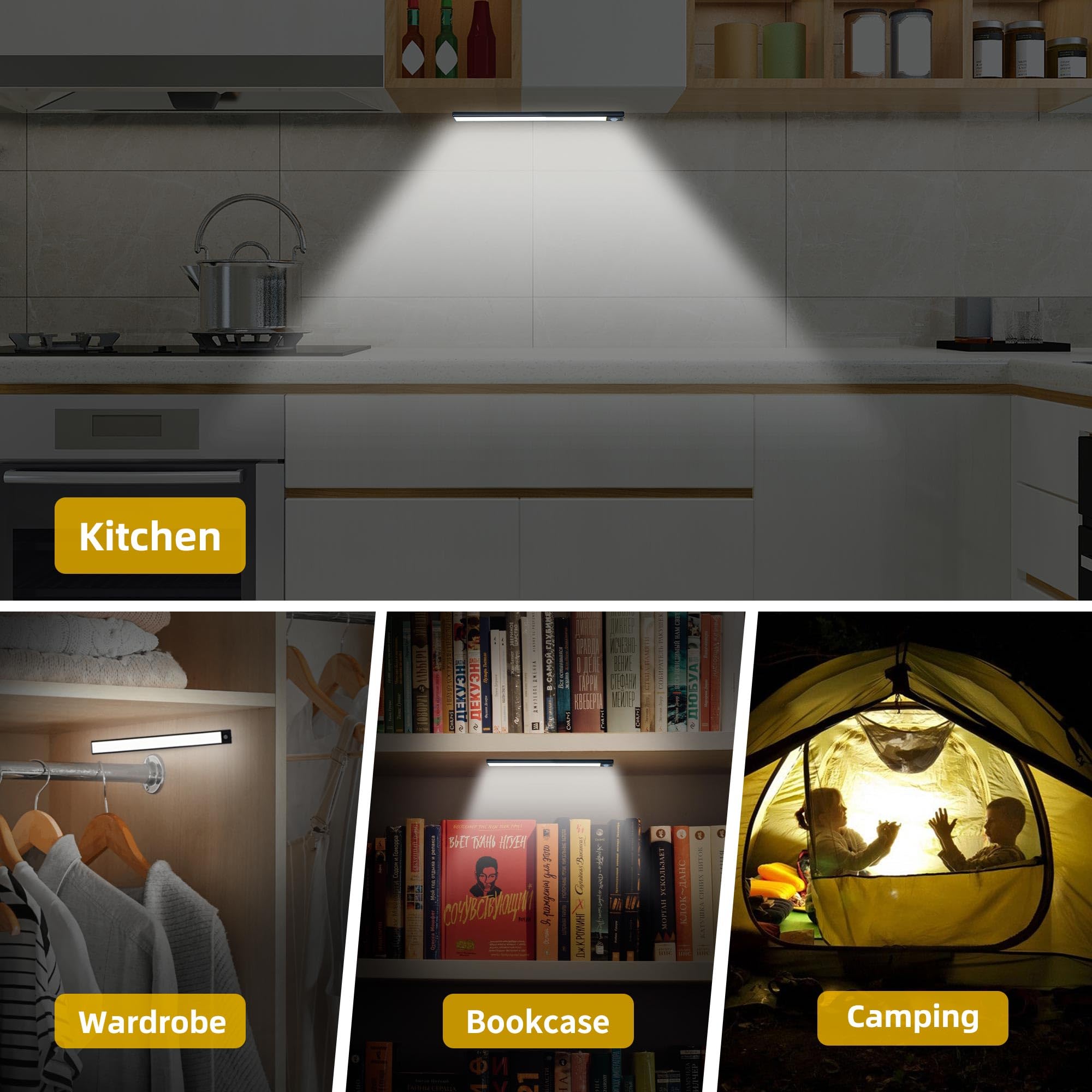 Aipolloo Under Cabinet Lighting 2 Pack, 69 LED Rechargeable Battery Operated Light, 3000mAh Wireless Motion Sensor Closet Lights Indoor, Night Light, Under Counter Lights for Kitchen