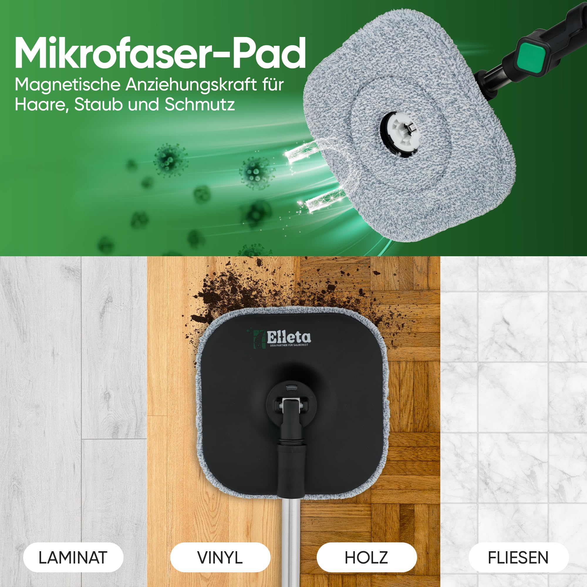 Wischmopp Set mit Eimer - 360° drehbarer Wischer für den Boden, Bodenwischer Mop Set & Wischeimer | Innovative Mikrofaser-Pads als Staub- & Schmutzmagnet, Wischmop & Putzeimer mit 2-Kammer-System