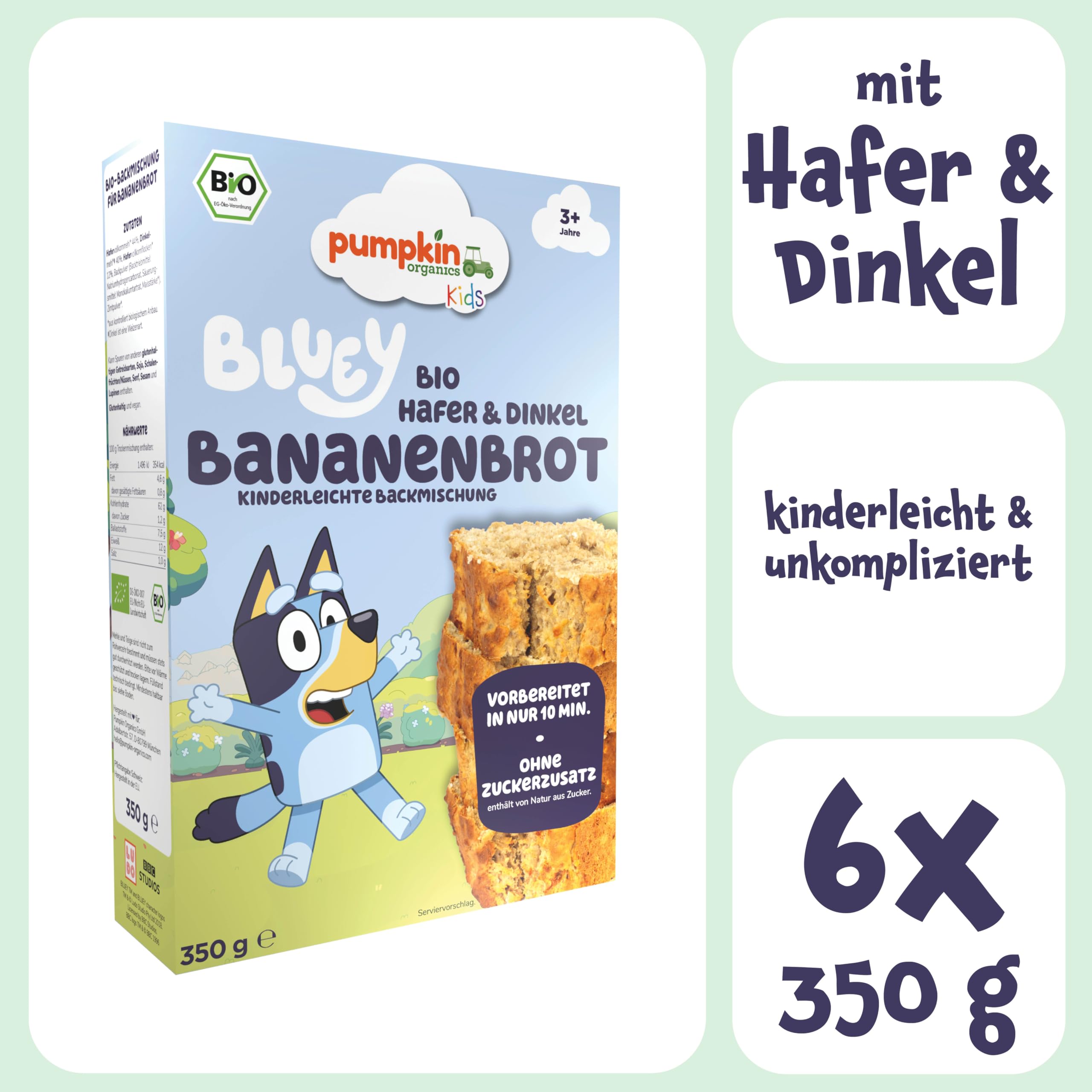 Bluey Bio Bananenbrot Backmischung (6er Pack) - Backmischung für Kinder (3+ Jahre) - schnelle Zubereitung - Bananenbrot und Muffins für Kinder - Backset ohne Zusatzstoffe - von Pumpkin Organics