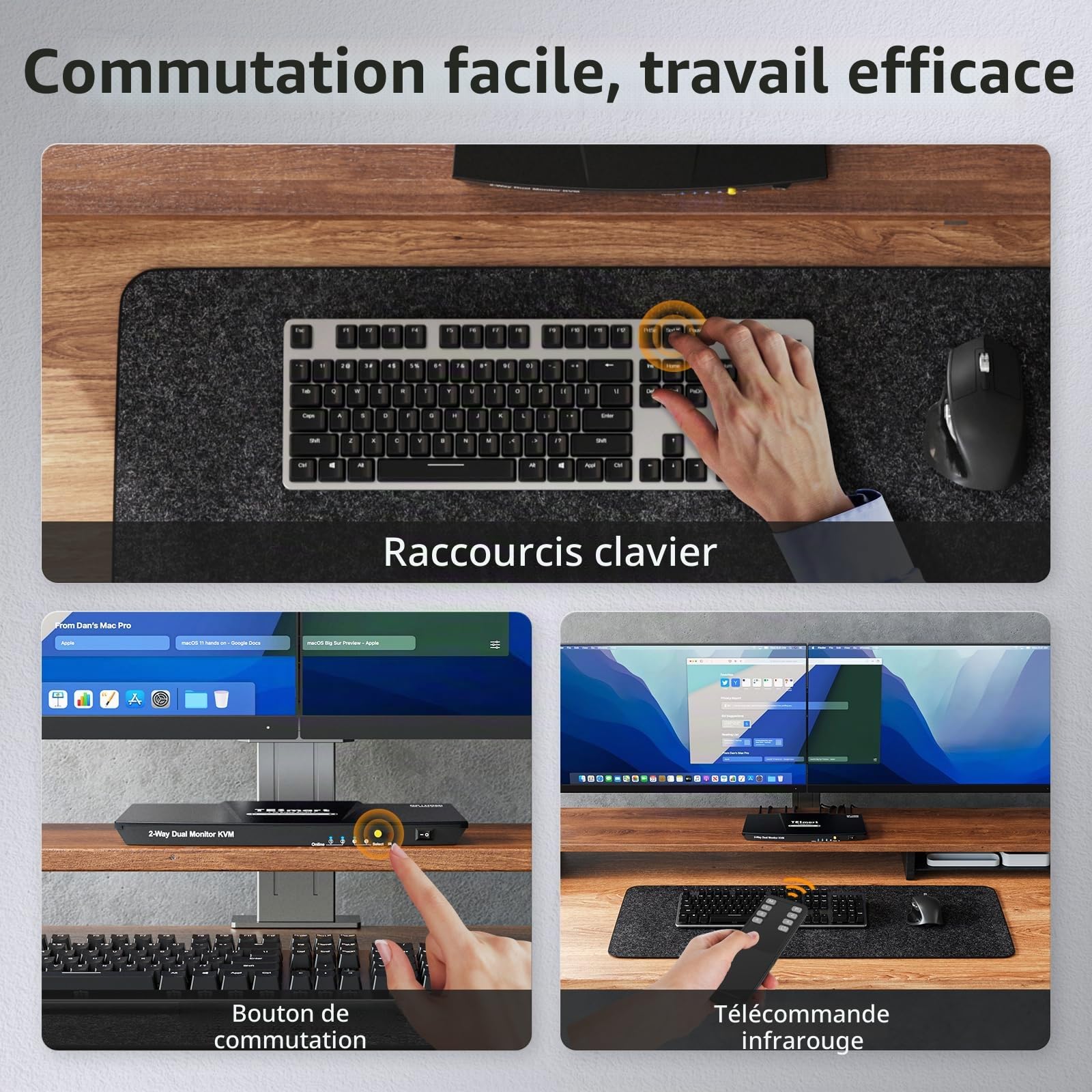 TESmart Commutateur KVM DisplayPort + HDMI 2 PC 2 écrans 4K@60Hz KVM Dual Monitor 2 ports mode étendu émulation EDID USB 2.0 audio L/R raccourcis clavier