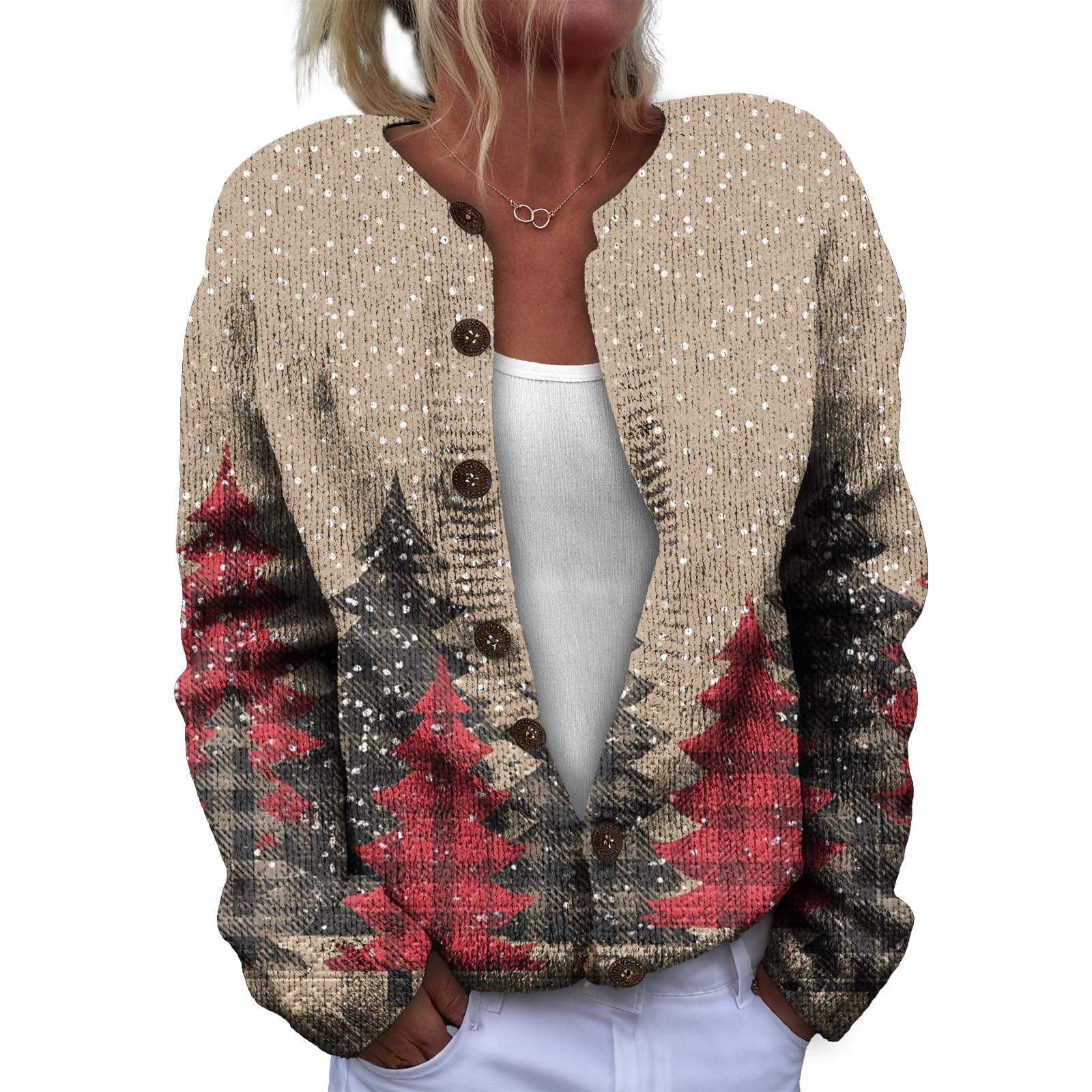 Christmas Cardigan for Women Cute Funny Xmas Long Sleeve Button Cardigan Fall Fashion Open Front Knit Sweater Outwear
