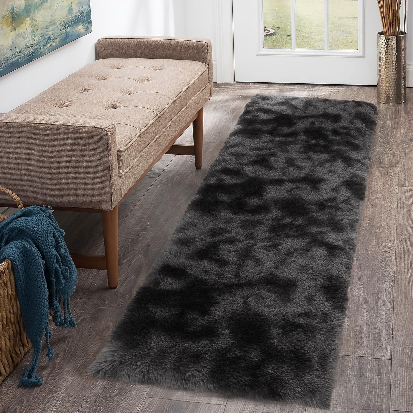CAROMIO Runner Rug 2x8 Feet Plush Fluffy Rug for Bedroom Living Room, Shag Furry Hallway Runner Rug Carpet Non Shedding for Nursery Children Kids Girls Room Home Decorative, Black Grey