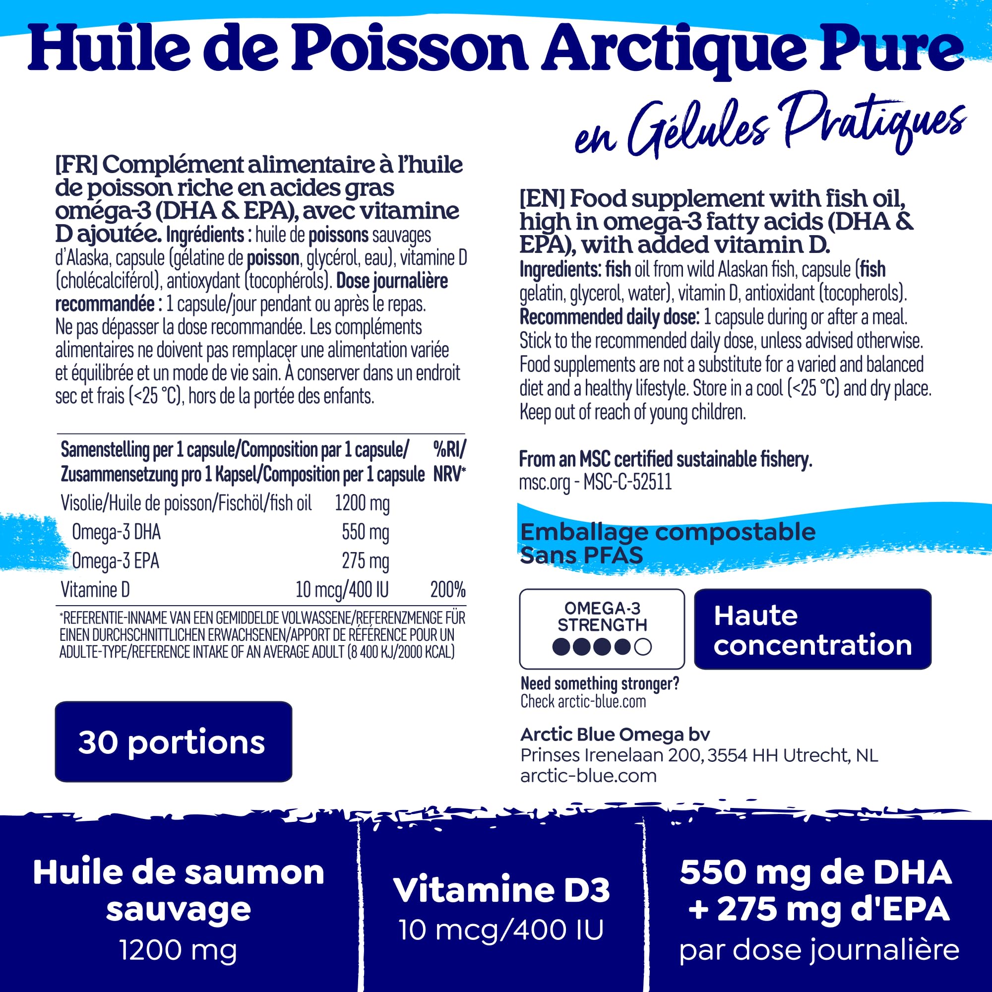 Arctic Blue Oméga-3 Huile de Poisson 60 Capsules — 550mg de DHA + 275mg d’EPA + 10µg de Vitamine D3 par Capsule — Huile de Colin d’Alaska MSC, Forme Triglycéride, Pureté Maximale, Sans Goût de Poisson