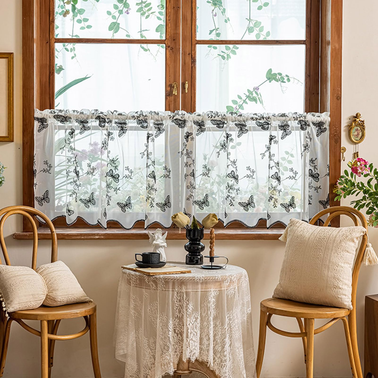 ZZYK Sheer Window Valance Washed Lace Half Height Short Curtains for Bedroom Living Room Rod Pocket Cafe Farmhouse Butterfly Privacy Valance,59" W x 31" L(Pack of 1)