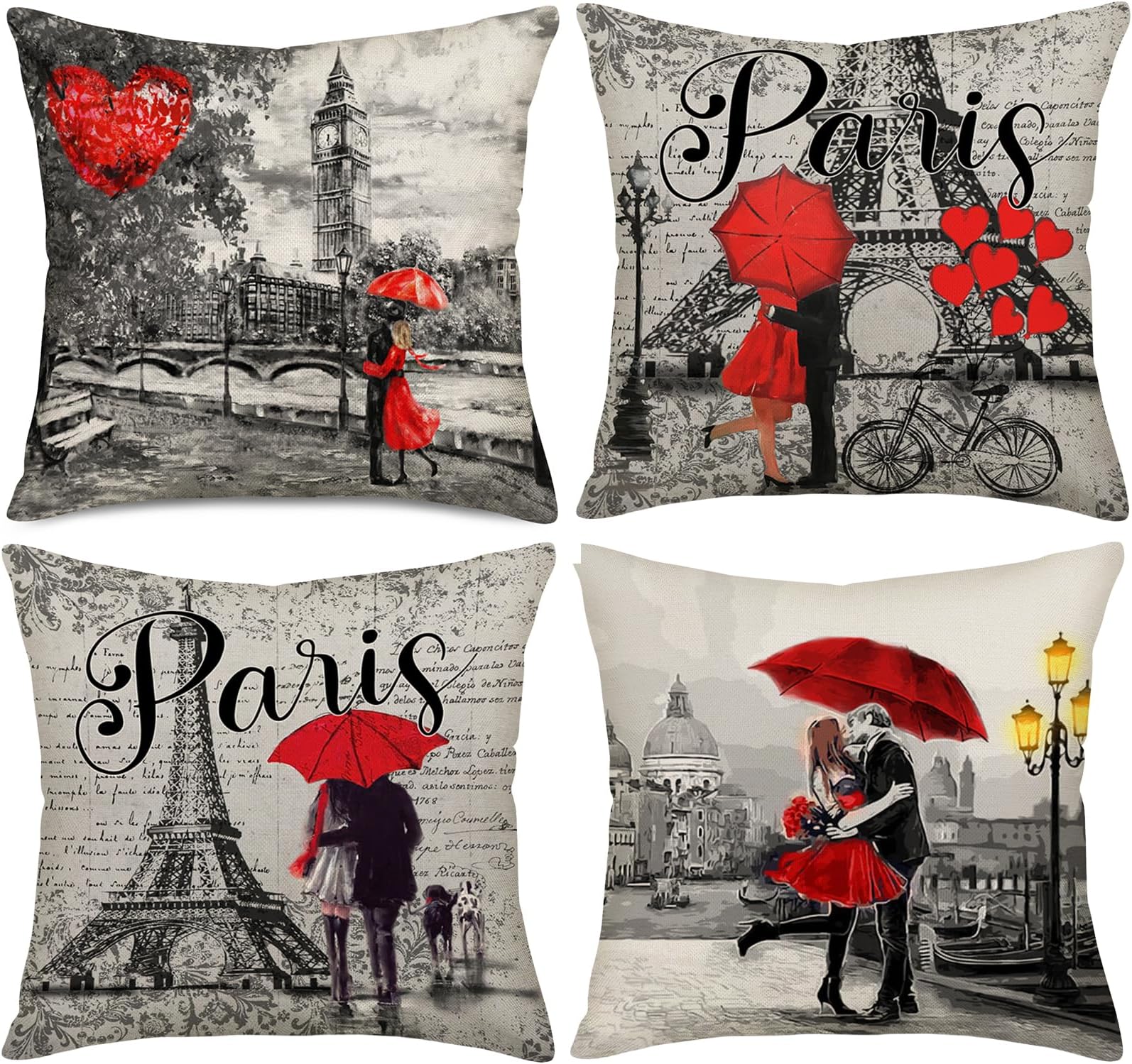 Paris Pillow Covers Cotton Linen Vintage France Street Red Umbrella Eiffel Tower Throw Pillow Cases European Bridge Capital City Style Print Cushion Cover Home Sofa Decor 18"x18" Set of 4 (Paris Set)