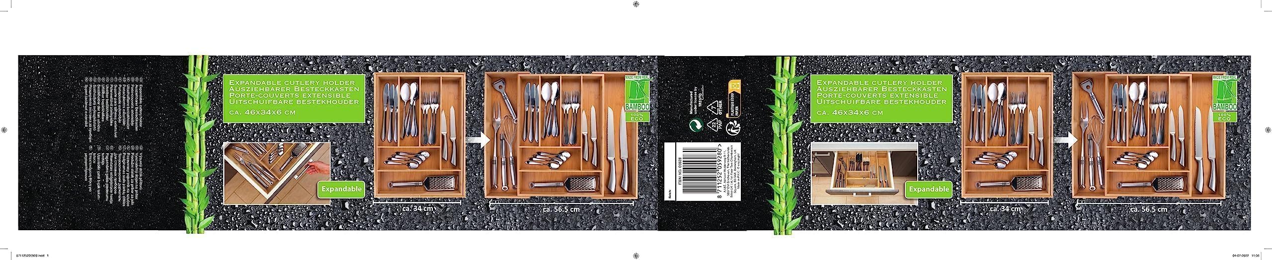 Portaposate estensibile - 46 x 34-56,5 x 6 cm - 6 fino a 8 scomparti - Materiale bambù ecologico