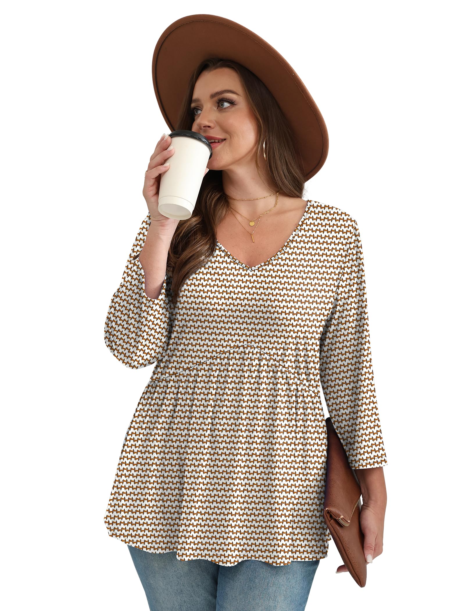 3/4 Length Sleeve Womens Tops 2025 Blouses for Women Dressy Casual Fashion Clothing V Neck Babydoll Tops Fall Outfits