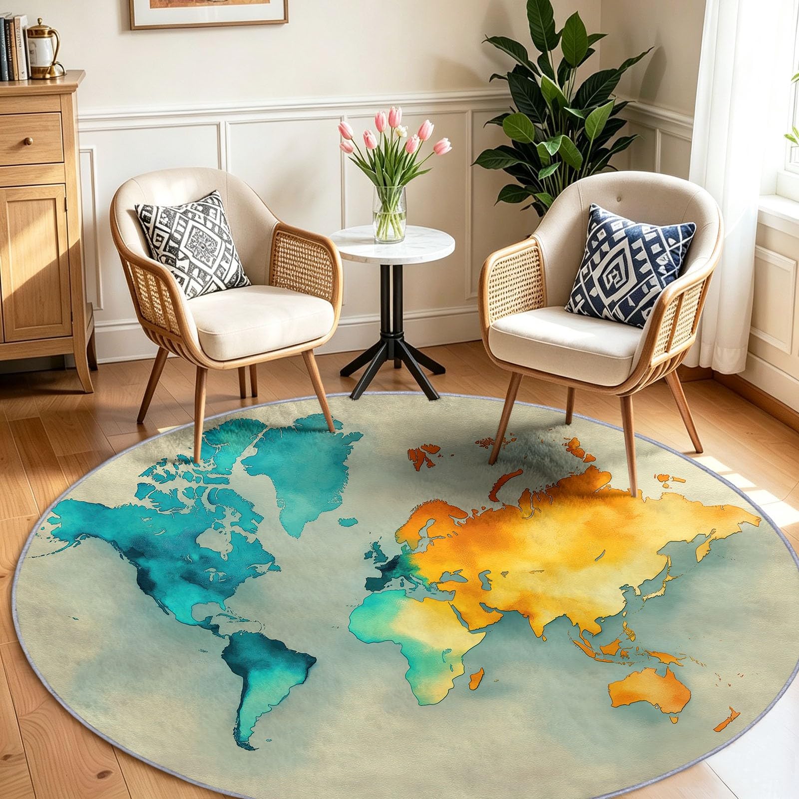 Runder Teppich 180 cm, Weltkarte Atlas Erdkugel Globus Weich Rutschfest Kurzflor Wohnzimmer Schlafzimmer Matte | Waschbar Kunstwolle Küchenteppich, Modern Teppich für Kinderzimmer Esszimmer Büro