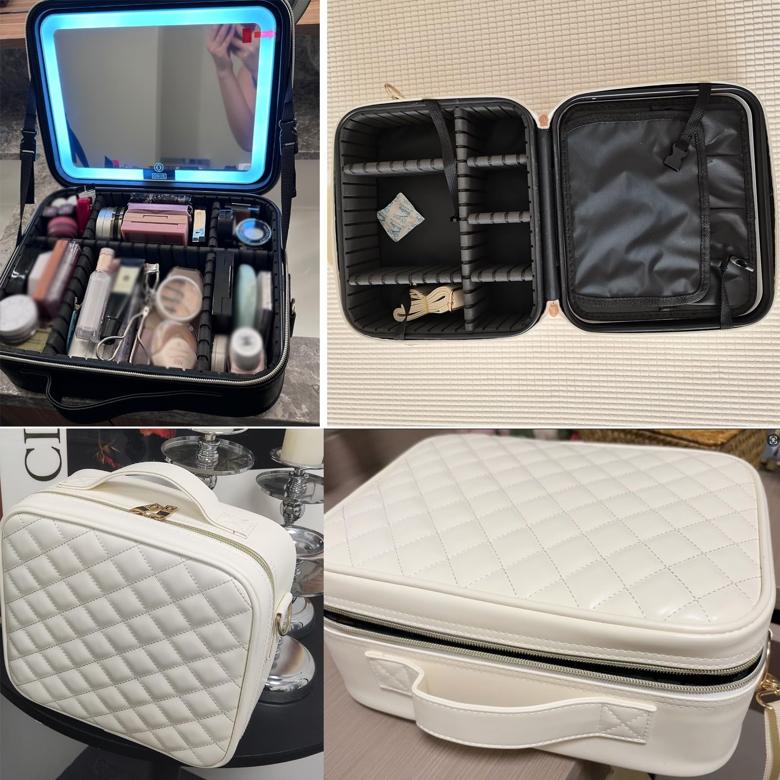 HJXGQJM Podróżna kosmetyczka kosmetyczka organizer na przybory do makijażu torba z podświetlanym lustrem, materiał PU, regulowana jasność w 3 scenariuszach kolorystycznych, wodoodporne etui na