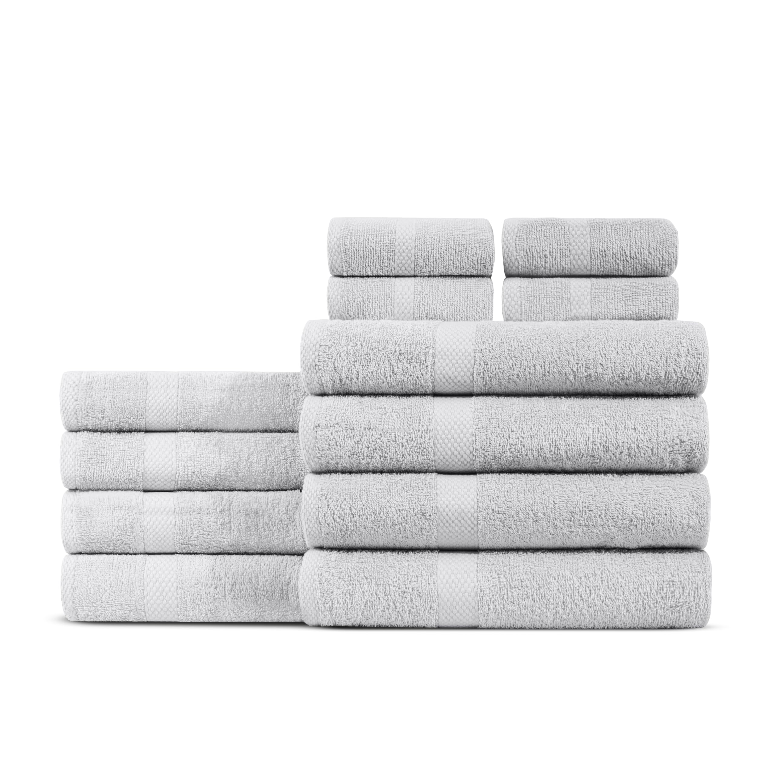 100% cotton bath towel set of 12-4 bath towels, 4 hand towels, 4 wash cloths, sustainable, soft, highly absorbent, combed cotton 12 piece set for hotels, spa, bathroom, dorm, silver
