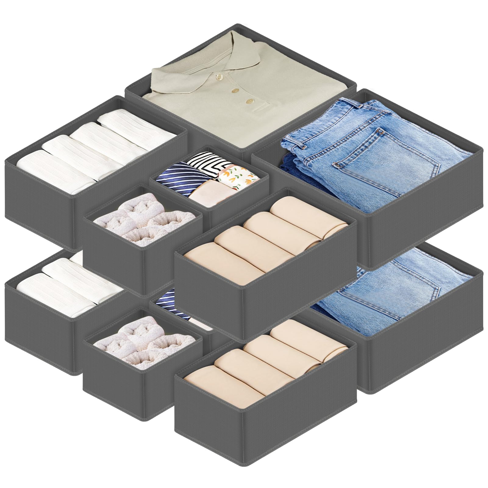 HOTOOLME 12 Pack Clothes Drawer Organiser,Underwear Organiser Foldable Fabric Wardrobe Organizer,Clothes Storage Drawer Dividers for Socks Bra Towels Ties (Grey)