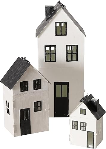 Main Street Town House - Juego de 3 faroles para velas, estilo vintage, techos negros rústicos, paredes blancas, metal, 13.75, 8.25 y 5 pulgadas de