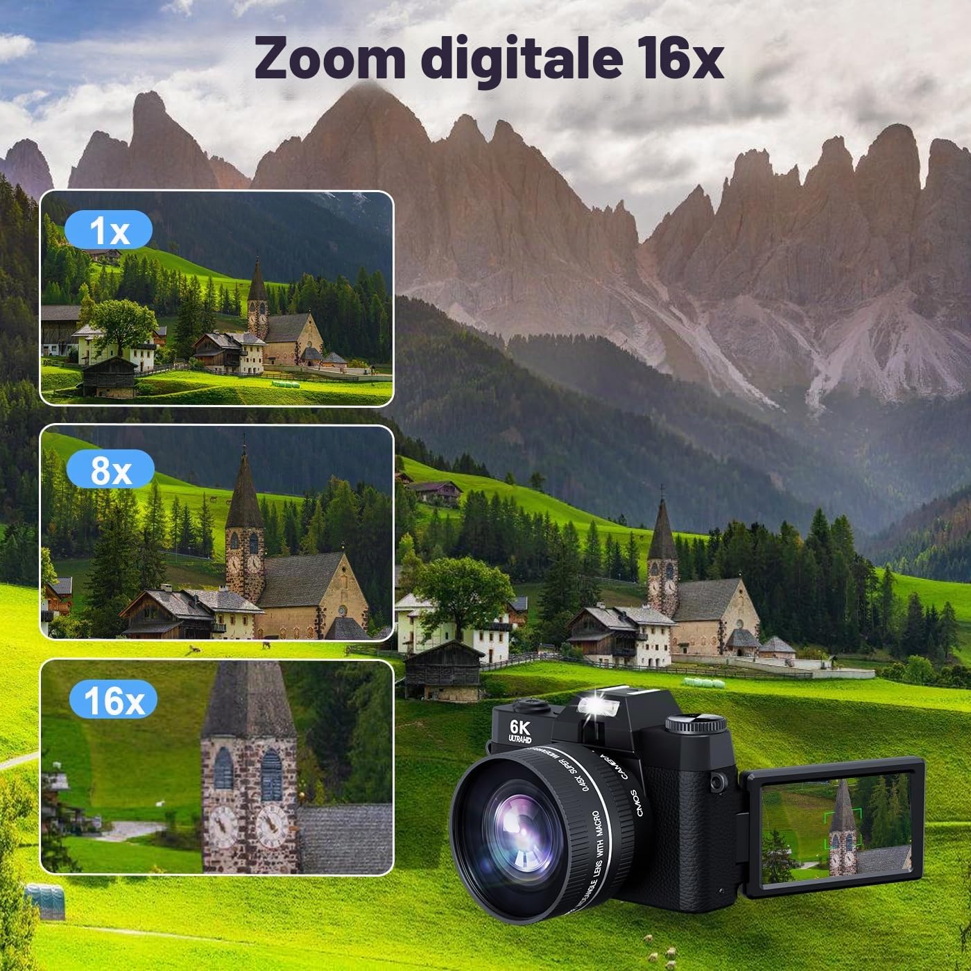 Fotocamera digitale 6K 64MP per Fotografia Vlogging Camera per YouTube, Flip Screen 180°, Zoom 16X Autofocus, Fotocamera compatta da viaggio per adolescenti, con obiettivo da 52 mm, 2 batterie, scheda