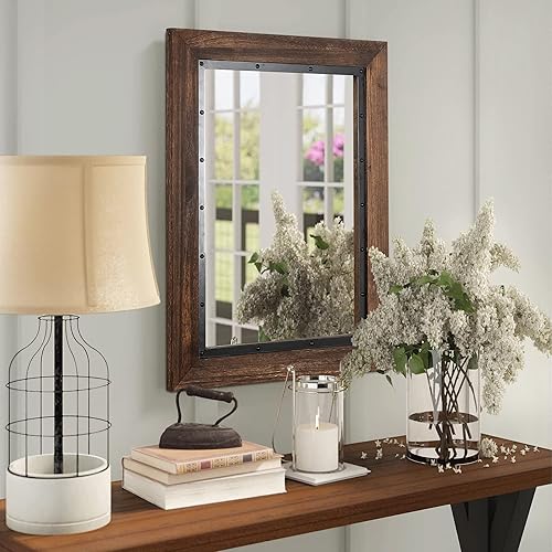 Miniatura 6 de YOSHOOT Espejo de pared con marco de madera rústica, 40 x 30 pulgadas, espejo de tocador de baño de madera natural y hierro para decoración de