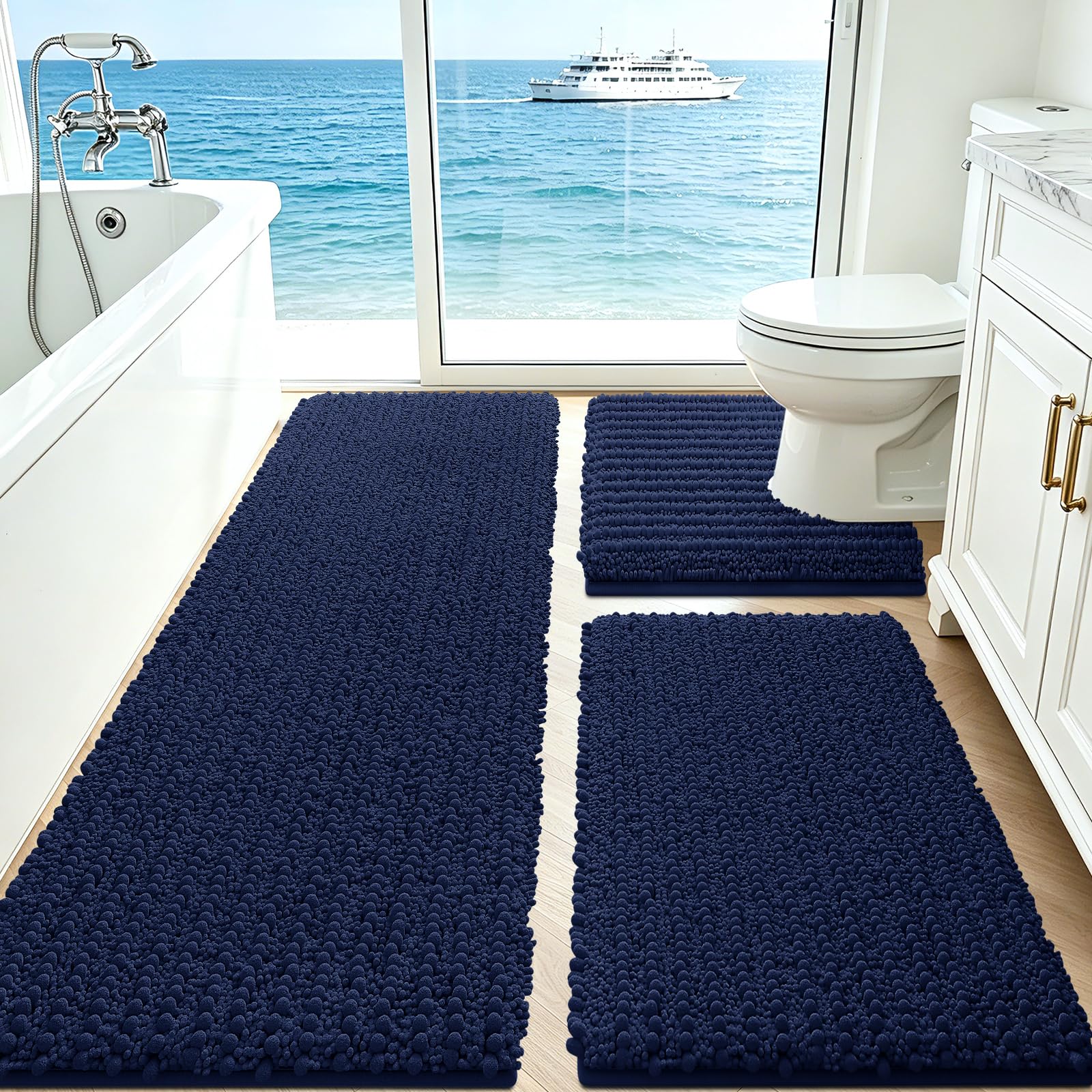 ACCUMTEK Upgrade Extra Large Navy Blue Bathroom Rug Set 3 Pieces Ultra Soft, Thick Absorbent Bath Mats, Non Slip Chenille Toilet Mat for Bathroom, Bedroom, Kitchen