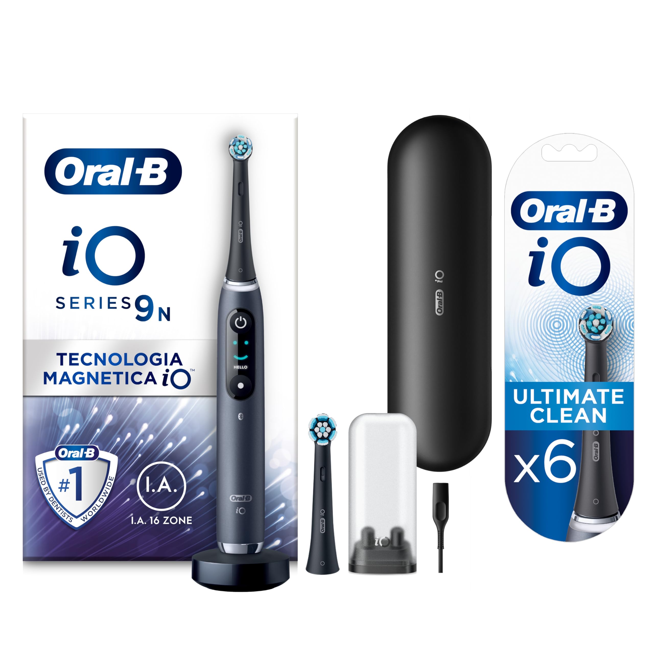 Oral-B Spazzolino Elettrico Ricaricabile iO 9N e Ultimate Clean Testine Spazzolino Elettrico, 2+6 Testine, 1 Spazzolino, Sensore di Pressione, Display Interattivo, Intelligenza Artificiale, 7 Modalità, Custodia da Viaggio, Nero, Idea Regalo