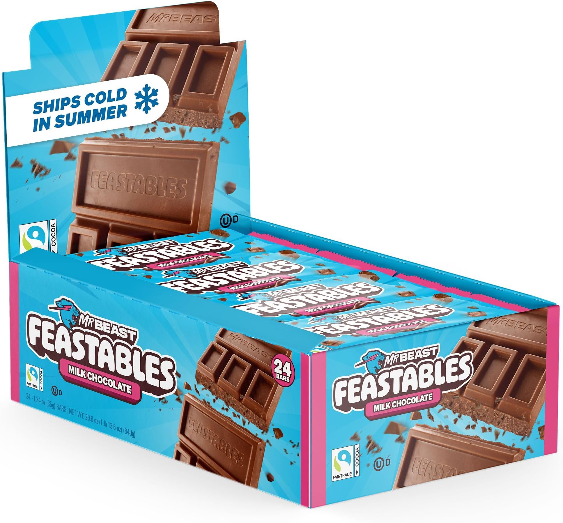 - MrBeast Feastables Milk Chocolate Bar, Full Size, 24 Count, Smooth & Creamy Milk Chocolate Candy, Fairtrade Cocoa, 1.24oz Each