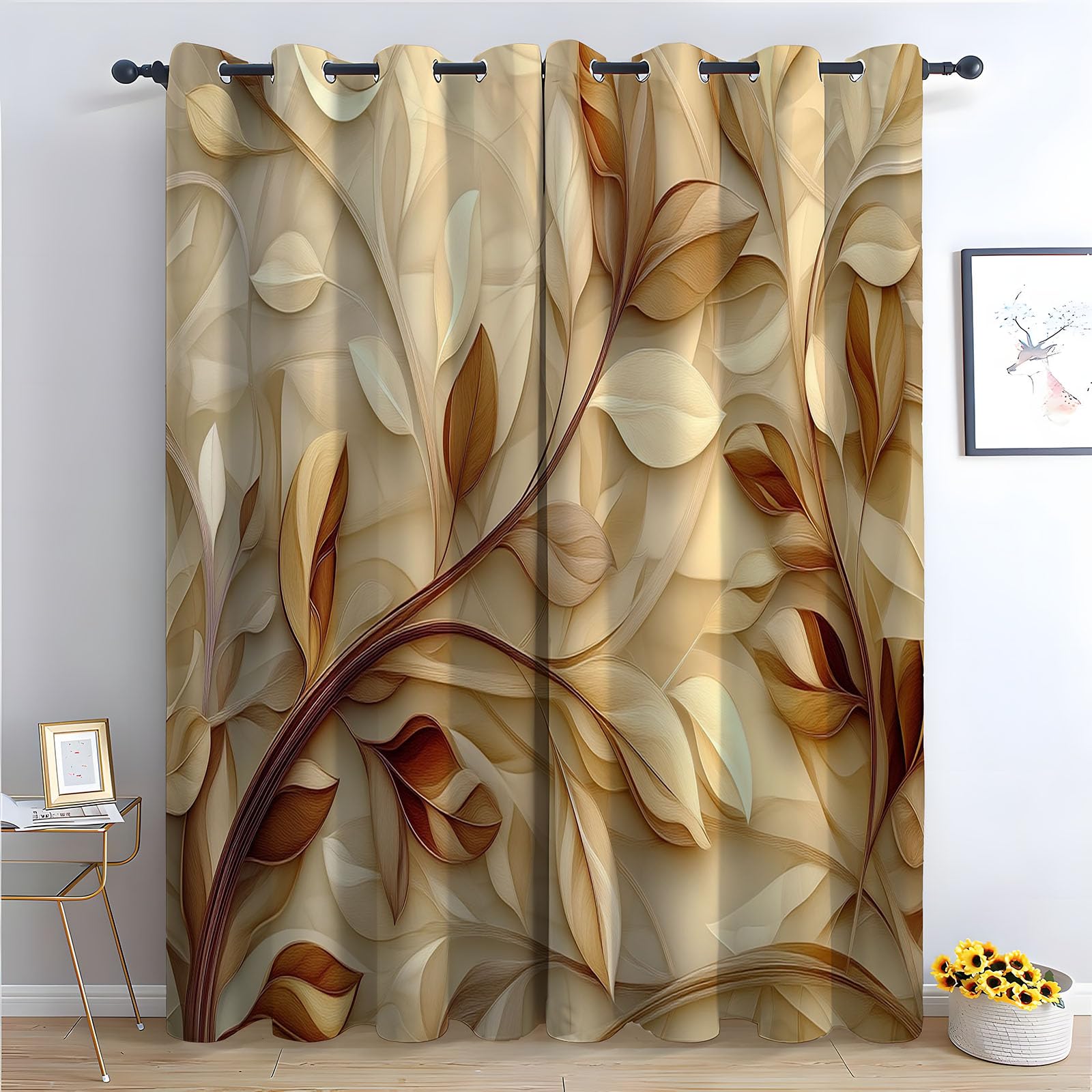 WQBQKKX Boho Abstract Line Blackout Bedroom Curtains Plants Living Room & Bedroom Decor Drapes, Thermal Insulated Eyelet White Window Treatments-52 W x 96" L (Pack of 2)
