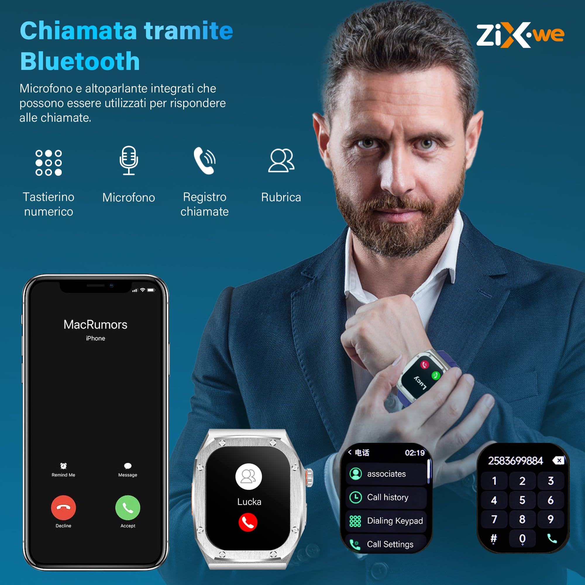 Smartwatch Uomo Donna con Display Amoled 2.1’’ Sempre Acceso, 460 mah Batteria a Basso Consumo, Impermeabile IP68, Telefonate Bluetooth, Sonno Cardiofrequenzimetro, +120 Modalità Sportive (Blu)