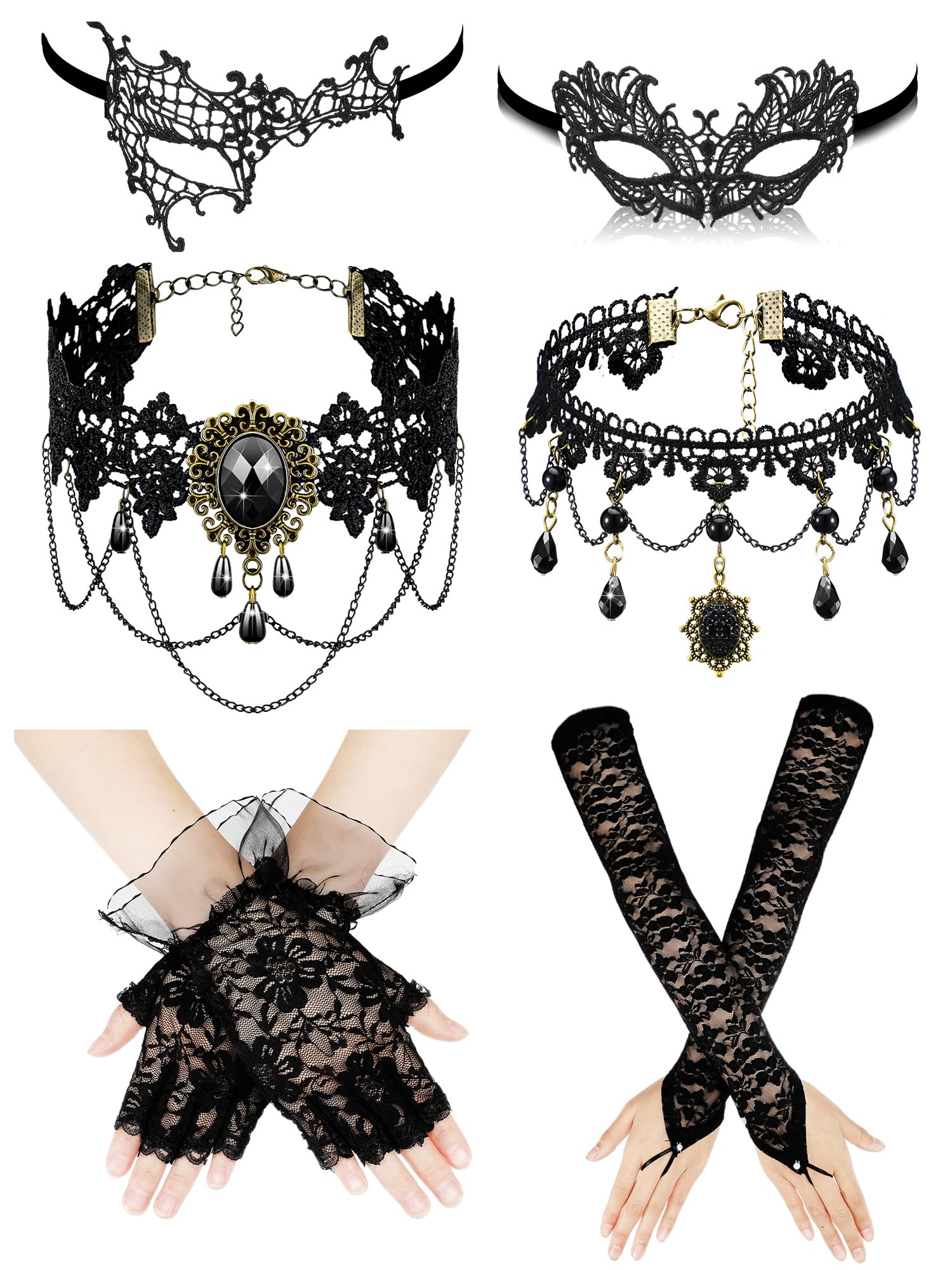 Newcotte6 Pcs Masquerade Mask for Women Lace Mask Choker Necklace Glove for Christmas Halloween Venetian Party 80s 90s
