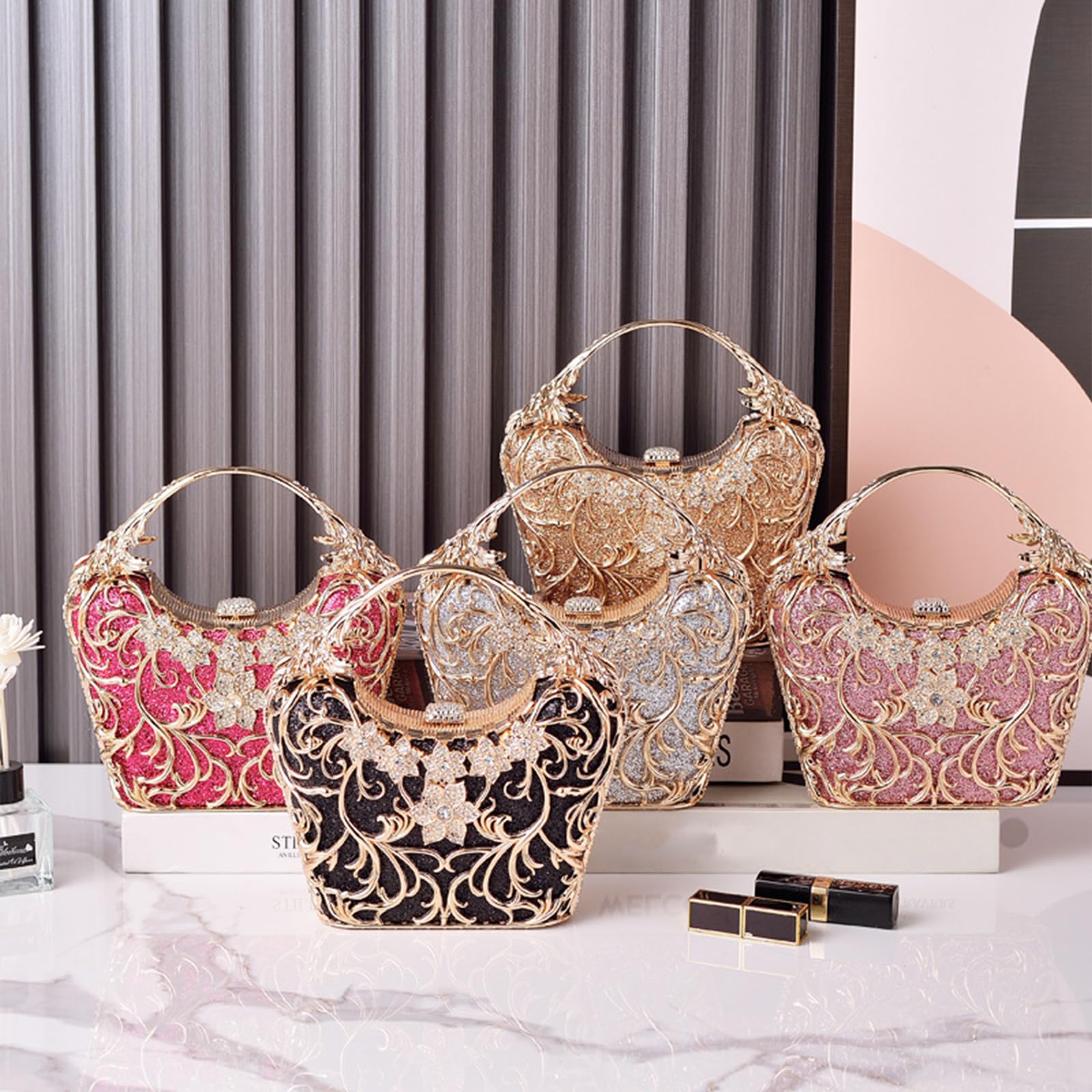 Bolsa de Noche para Mujer Diamantes de Imitación Clutch Lentejuelas Bolso de Fiesta Bolso de Boda Elegante Bolso de Hombro Bolsos Bandolera con Cadena para Boda Fiesta Banquete Rosa