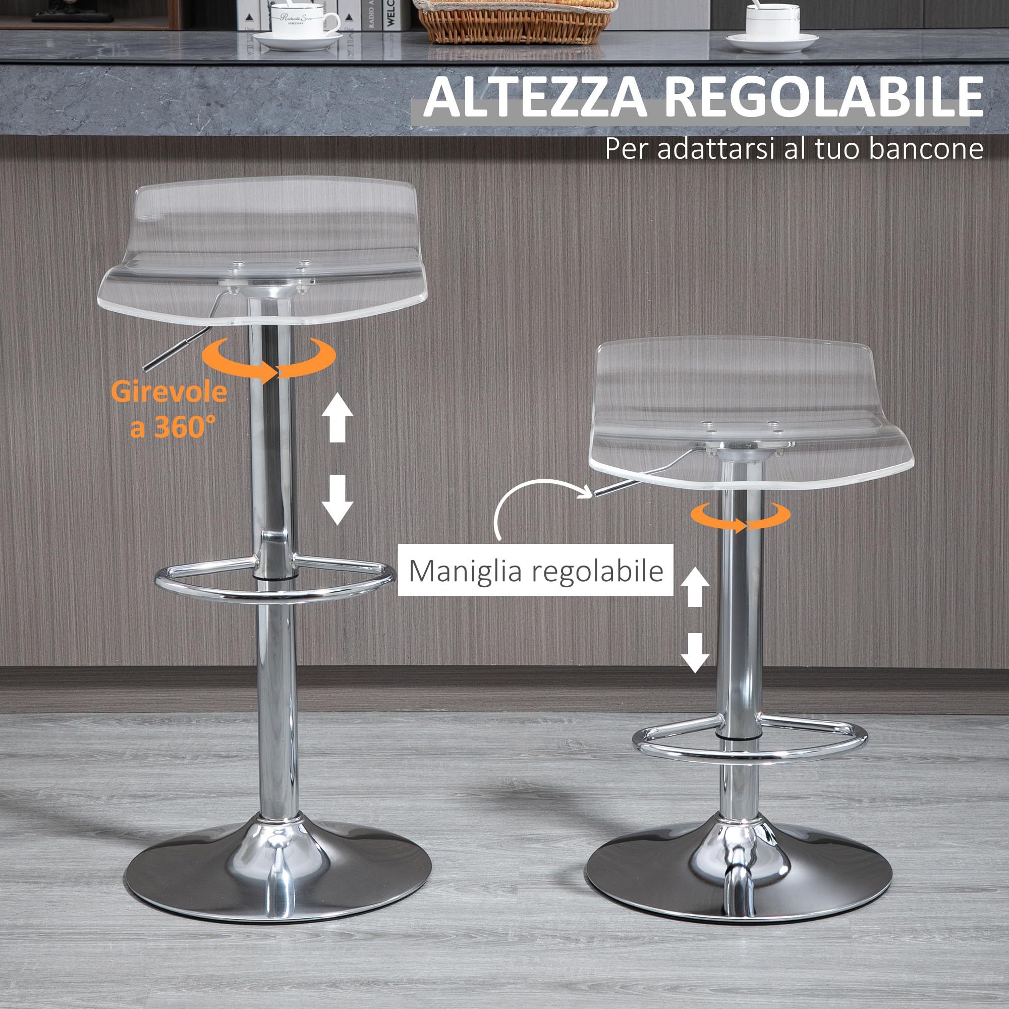 HOMCOM Set 2 Sgabelli da Bar con Altezza Regolabile, Sgabelli da Cucina Alti con Seduta Girevole e Poggiapiedi in Metallo e Acrilico, 39x39x67-87 cm, Trasparente