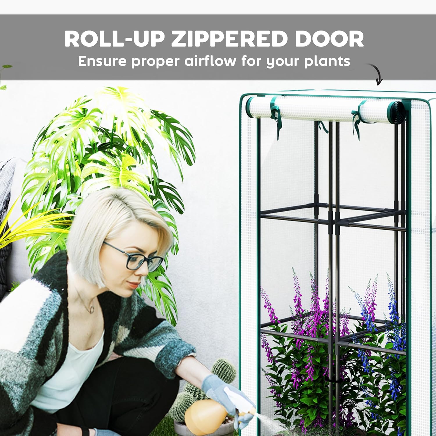 Outsunny Plastic Raised Garden Bed with Trellis, Outdoor Planter Box with PE Greenhouse Cover, Drainage Holes and Zipper Door for Climbing Plants, Herbs and Vegetables, 31.5" x 15.7" x 48.8", Brown