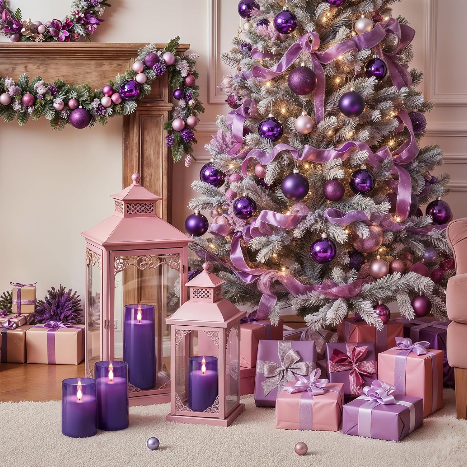 Homemory Purple Flickering Flameless Candles, Battery Operated Acrylic LED Pillar Candles with Remote Control and Timer, Purple Decor, Set of 5