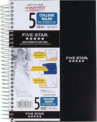 Miniatura 6 de Five Star Cuaderno en espiral 5 sujetos papel con reglas 96in x 60in azul 73659