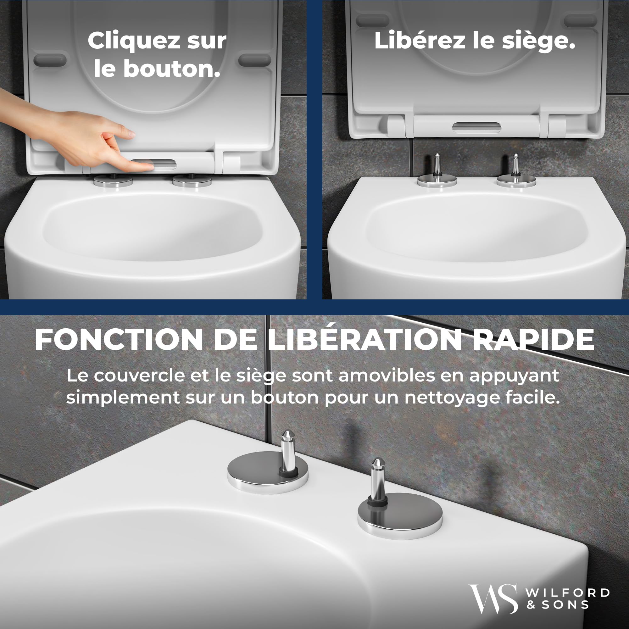Wilford & Sons PREMIUM Abattant WC - Siège WC avec fermeture douce - Forme D Blanc - Siège de toilette de haute qualité - Siège toilette démontable - Nettoyage facile - Lunette WC en Duroplast