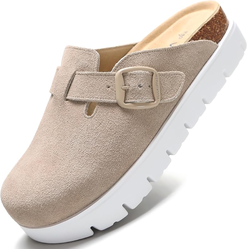 Women's Suede Platform Clogs Chunky Mules Slip On | Arch Support Comfort, Cushioned Footbed, Adjustable Buckle Fit, Water Repellent Upper, Indoor Outdoor Use, All Day Comfort