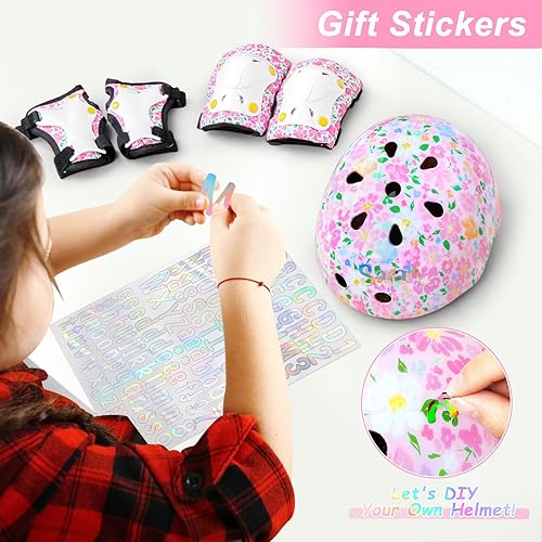 Miniatura 10 de Casco para niños, casco de bicicleta para niños pequeños con calcomanías de bricolaje, rodilleras y coderas de unicornio, conjunto de equipo de