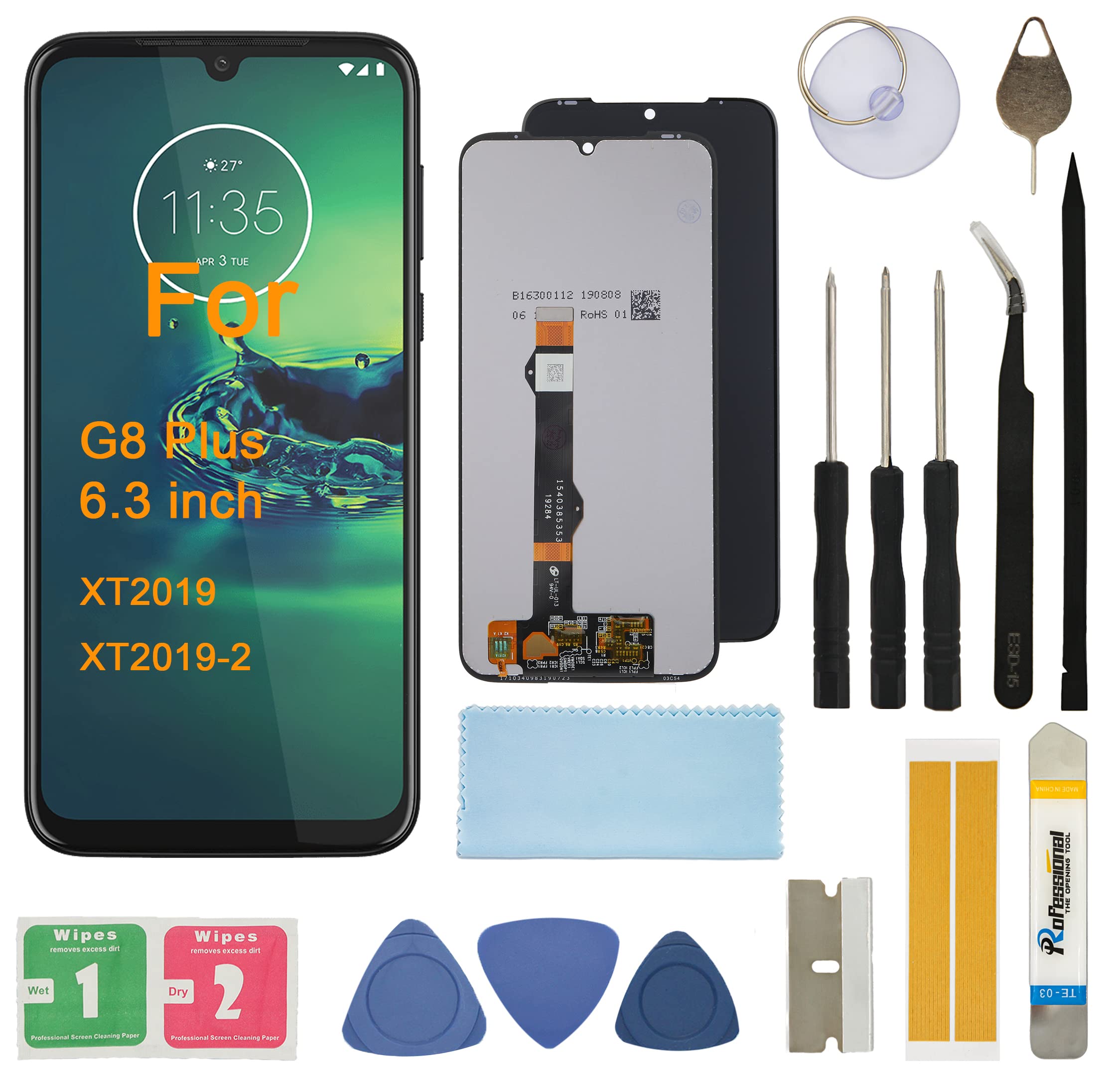 Screen Replacement for Moto G8 Plus 6.3'' XT2019 XT2019-2 Assembly LCD Display Touch Screen Digitizer with Tools Adhesive