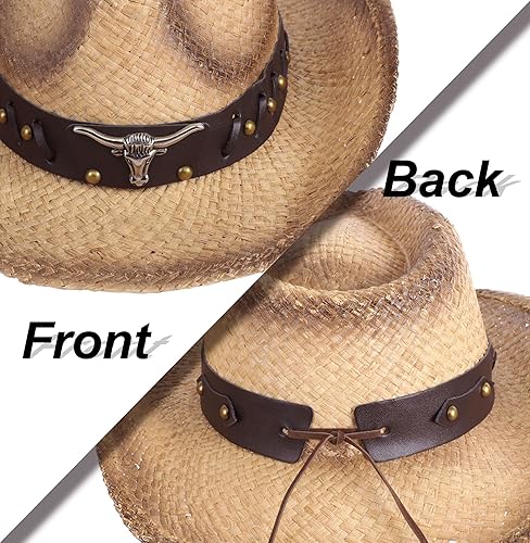 Miniatura 3 de Sombrero de vaquero de paja para niños con banda de sombrero, sombrero de vaquera de mariposa marrón para niñas