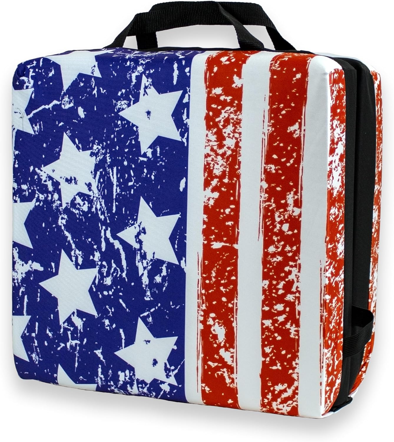 USA Flag Pattern Bingo Seat Cushion – Extra Thick 3” Bingo Pillow with Strap, Storage Pouch & Handles – Comfortable Folding Chair Cushion for Bingo Nights