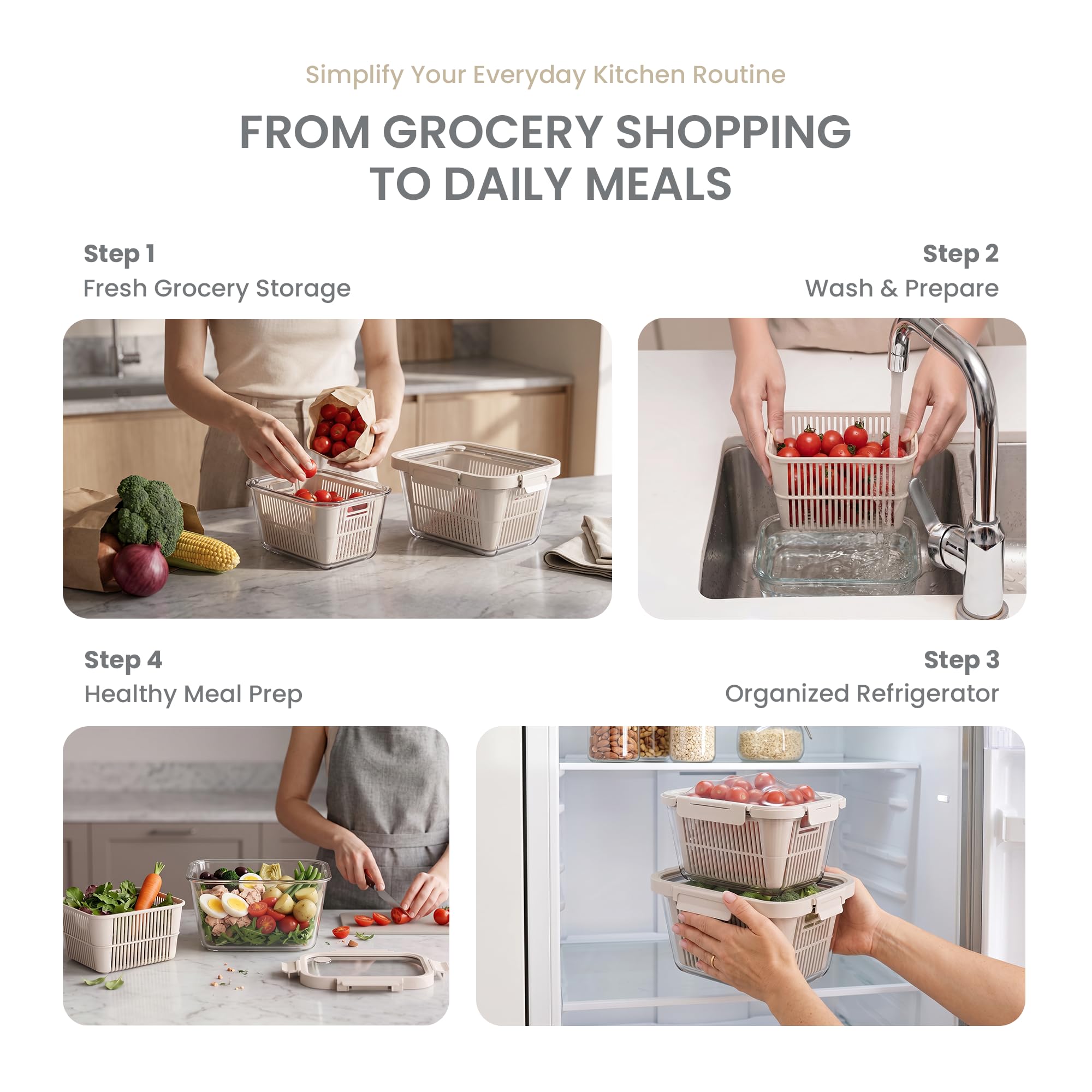 GENICOOK Glas Frischhaltdosen Vorratsdosen Set, Obst & Gemüse Aufbewahrung mit Deckel, luftdicht, Kühlschrank Organizer, BPA-frei,2,4L(Glasdeckel mit & Belüftung) &1,8L(Silikondeckeln) Glasbehälter