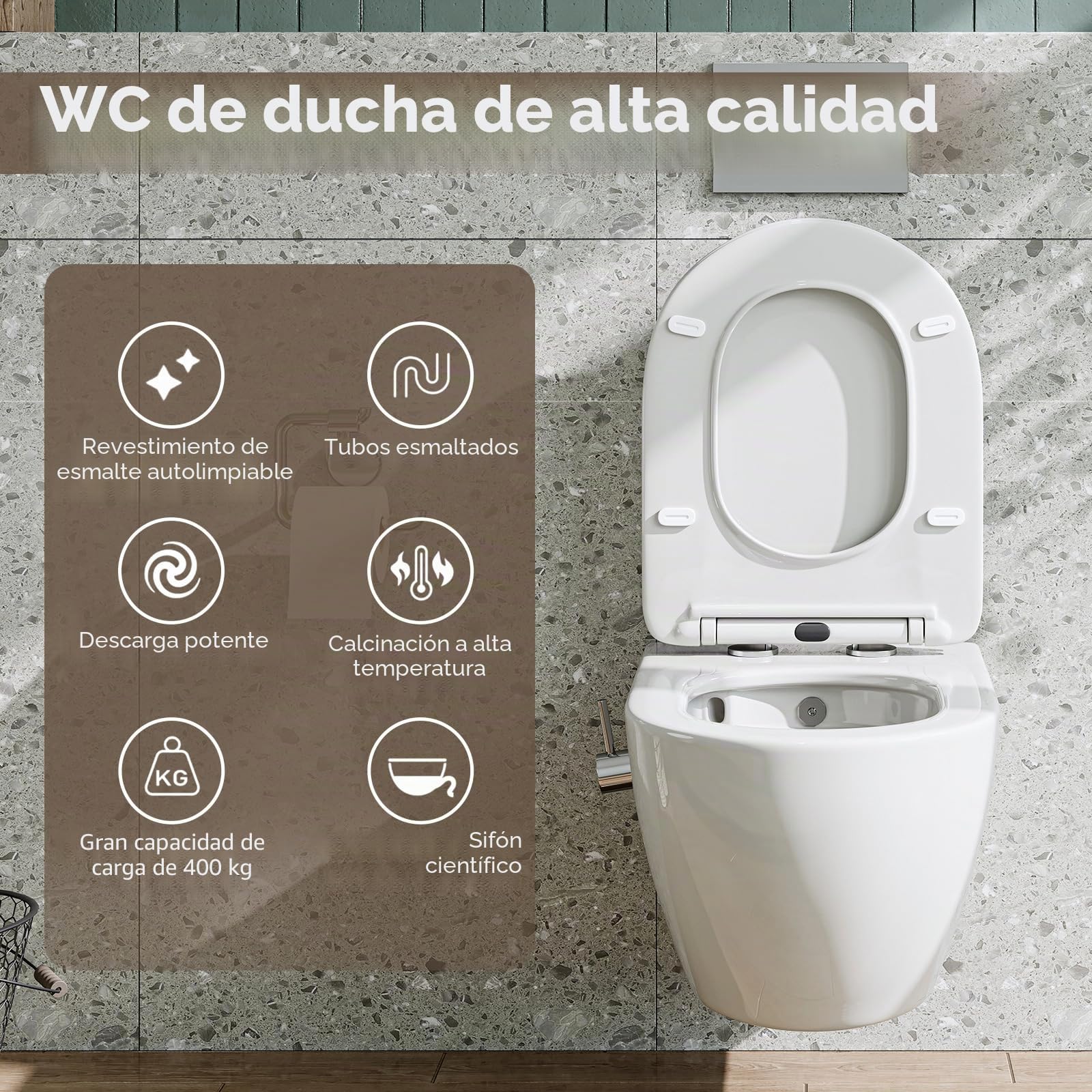 HOROW Inodoro con boquilla integrada, inodoro suspendido con función de bidé, Taharet WC con nanorrevestimiento, inodoro con grifo, asiento de inodoro con descenso automático, agua fría, 53 x 36 x 35