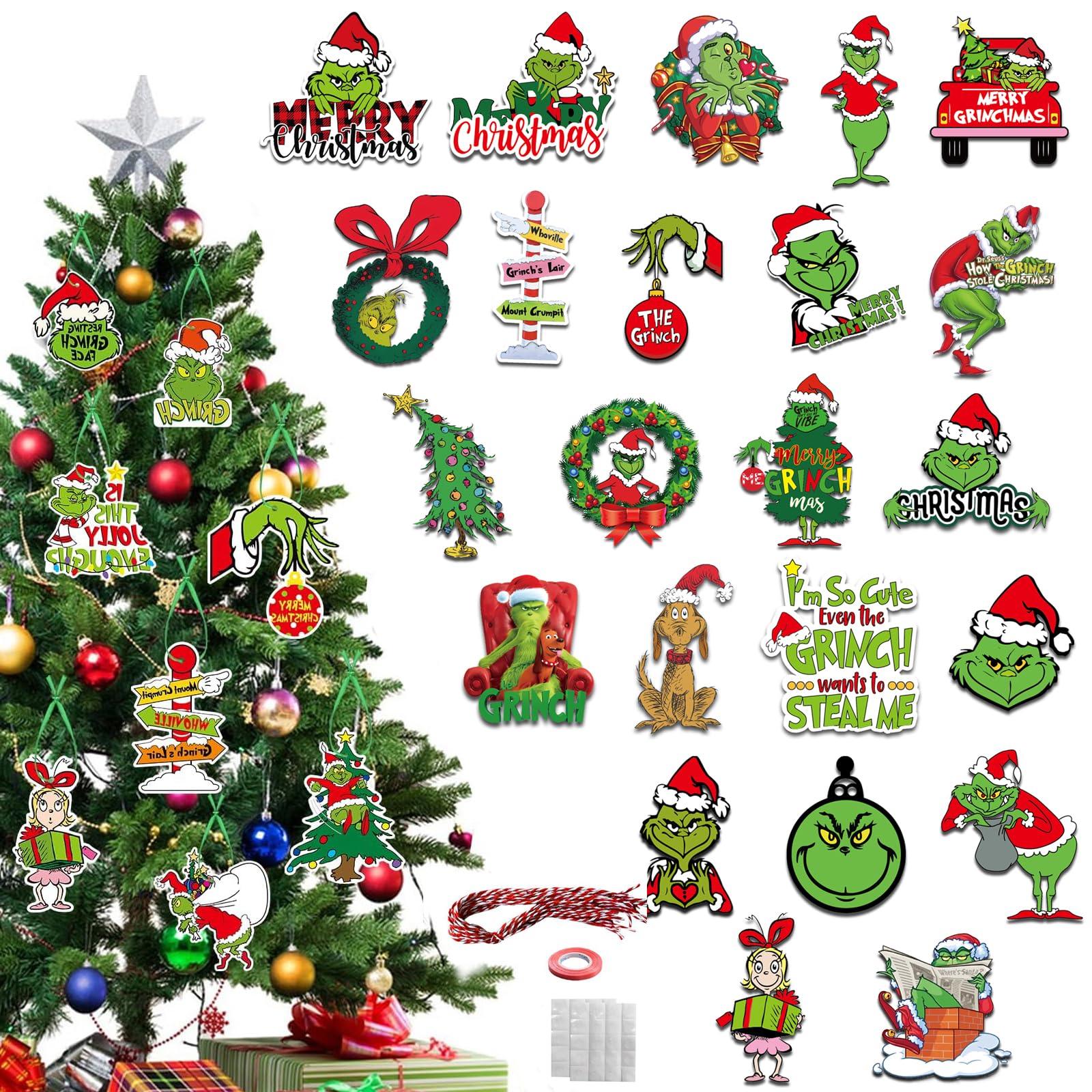 SKJAXF 23Pcs Tree Decorations for Grinch, Christmas Decorations, Xmas Tree Decorations for Tree and Windows Winter Christmas Themed Party (with 24*Red Ribbon, 40* Glue Point and 1 Roll of Rope)