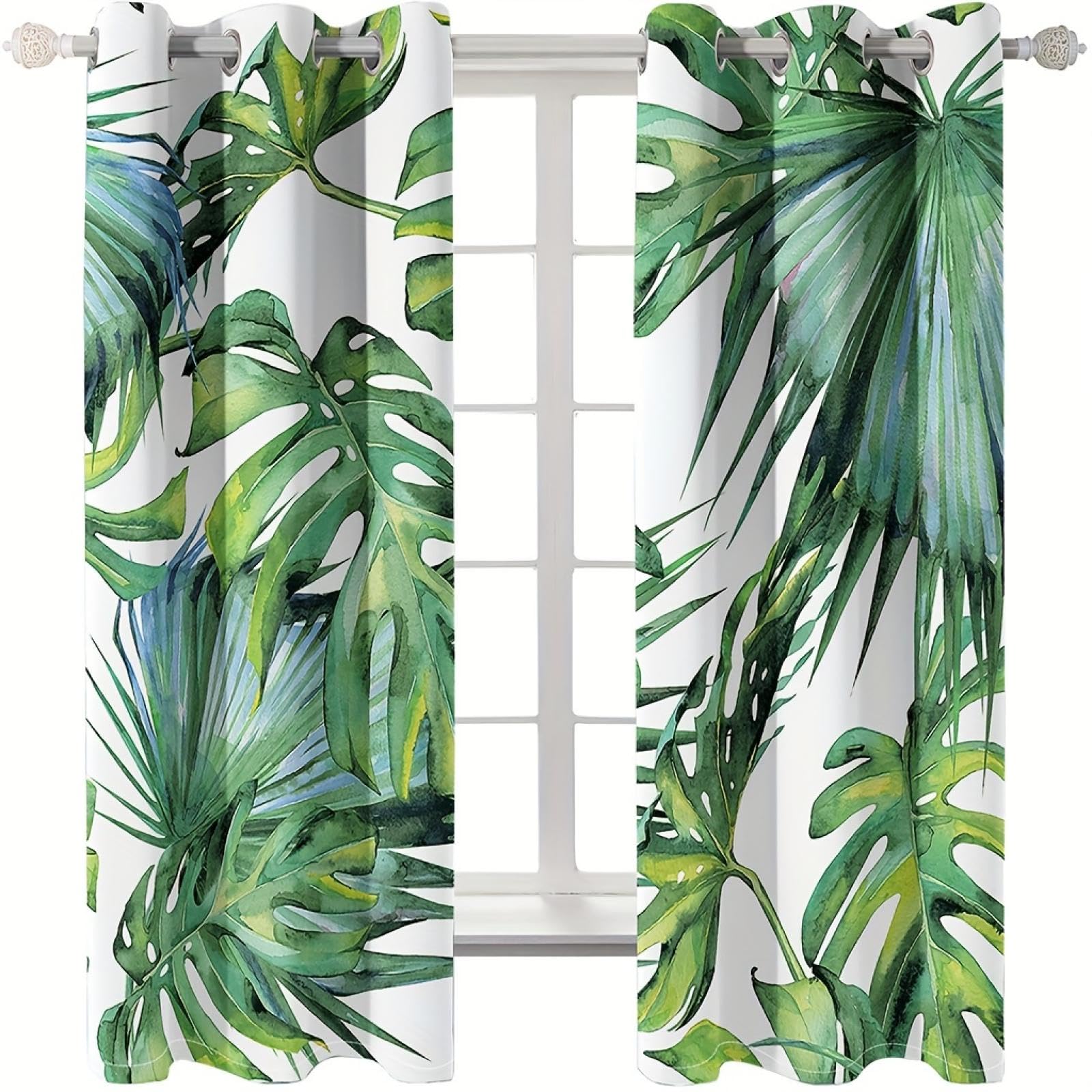 ZXBNNN 2pcs Green & White Tropical Palm Leaf Curtains for Living Room, Bedroom, Kitchen - Office Decor window curtain 140x160cm(WxH)/70x160cm*2