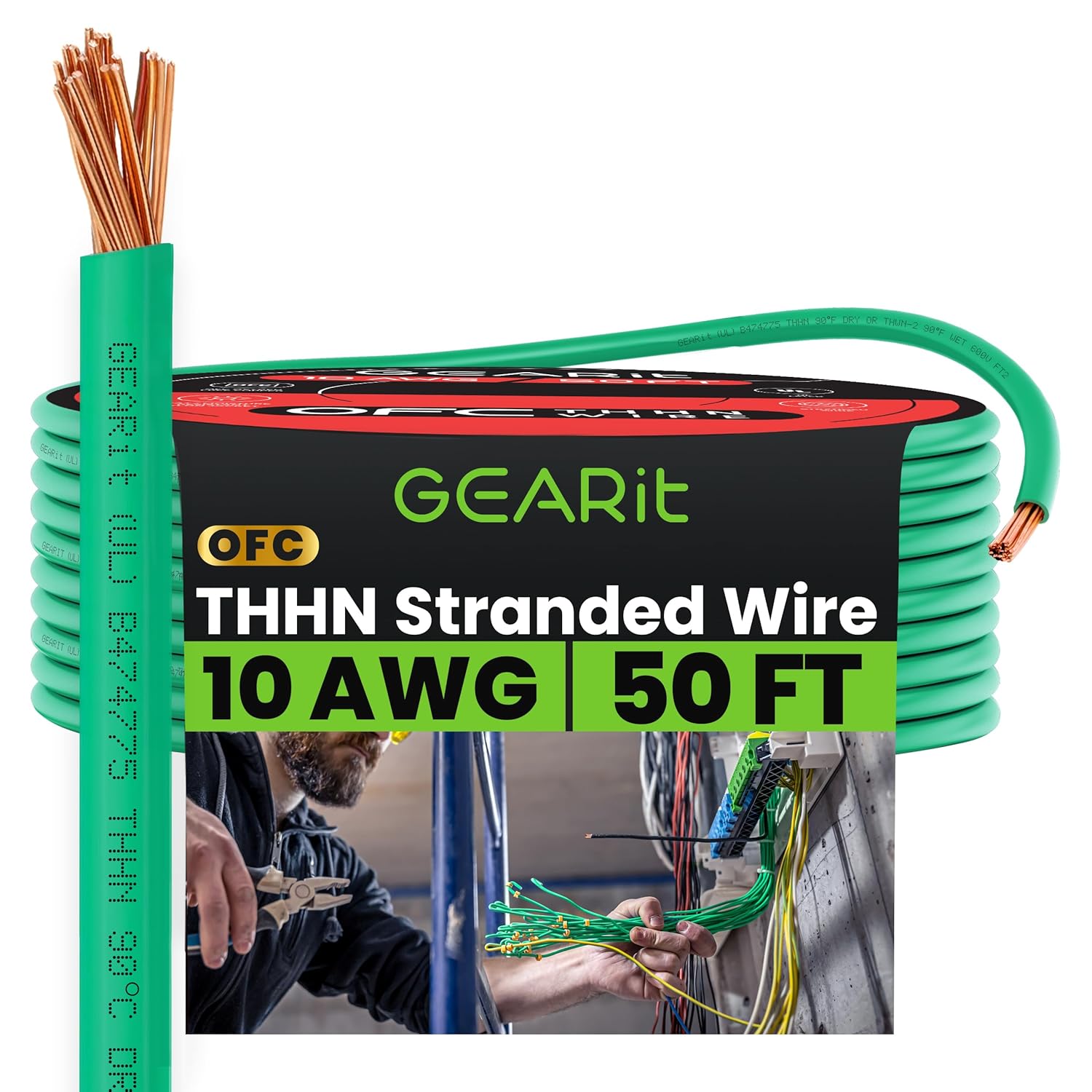 GEARit Stranded THHN Wire (10 Gauge, 50 Feet) 100% OFC Electrical Building Wire, Rated for Up to 600 Volts, Single Conductor, Nylon Jacket, UL Listed/RoHs Compliant - Green, 50ft